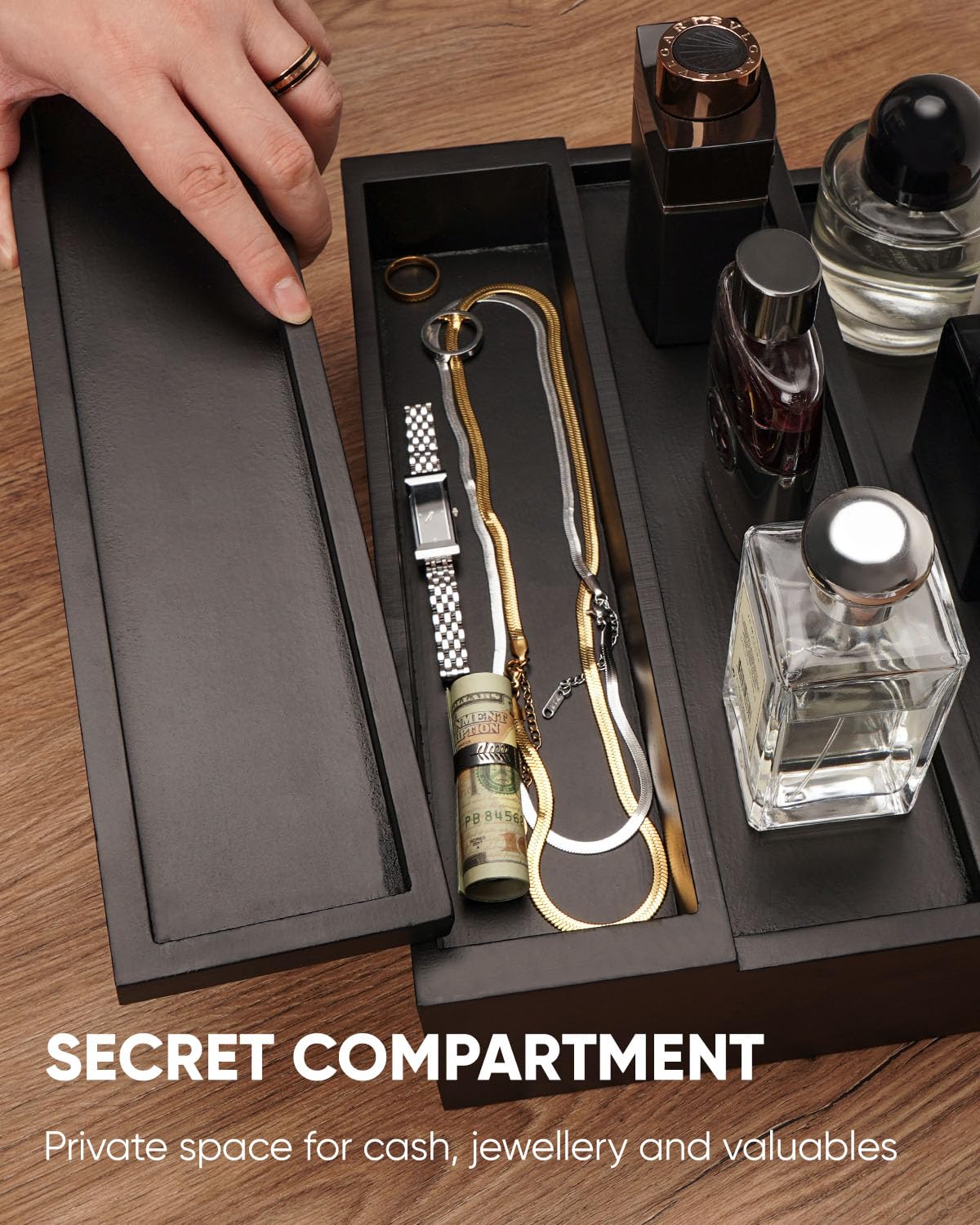 BRITEREE Cologne Organizer for Men, 3 Tier Wooden Cologne Stand with Drawer Storage and Hidden Compartment, Perfume Display Holder for Dresser, Great Gifts for Him Dad Fathers Day, Black