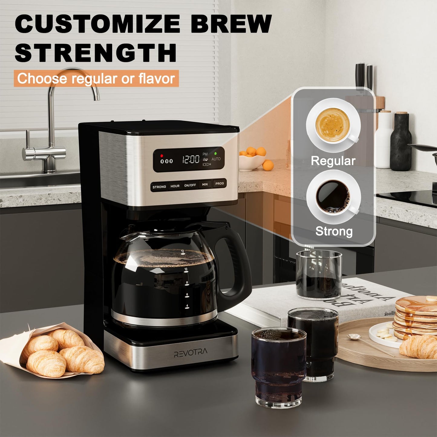 REVOTRA 12 Cup Programmable Coffee Maker, Hot and Iced Coffee Makers, Regular & Strong Brew Drip Coffee Machine, 1-4 Cup, 24H Timer, Auto Shut-Off, Keep Warm, Pause & Serve