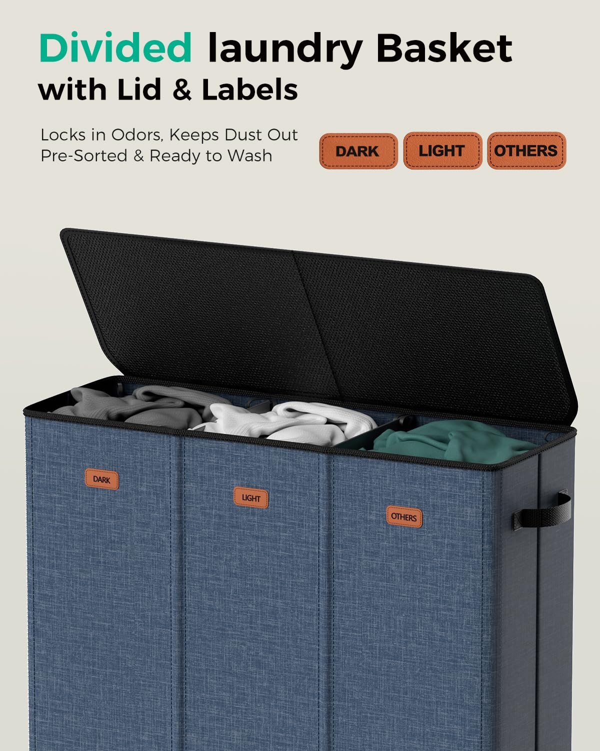 MECINFUL 3 Bin Laundry Hamper 185L, Large Laundry Hamper with Lid, Dirty Clothes Hamper with 3 Detachable Washing Bags, Foldable Laundry Basket Organizer for Bedroom, Laundry Room