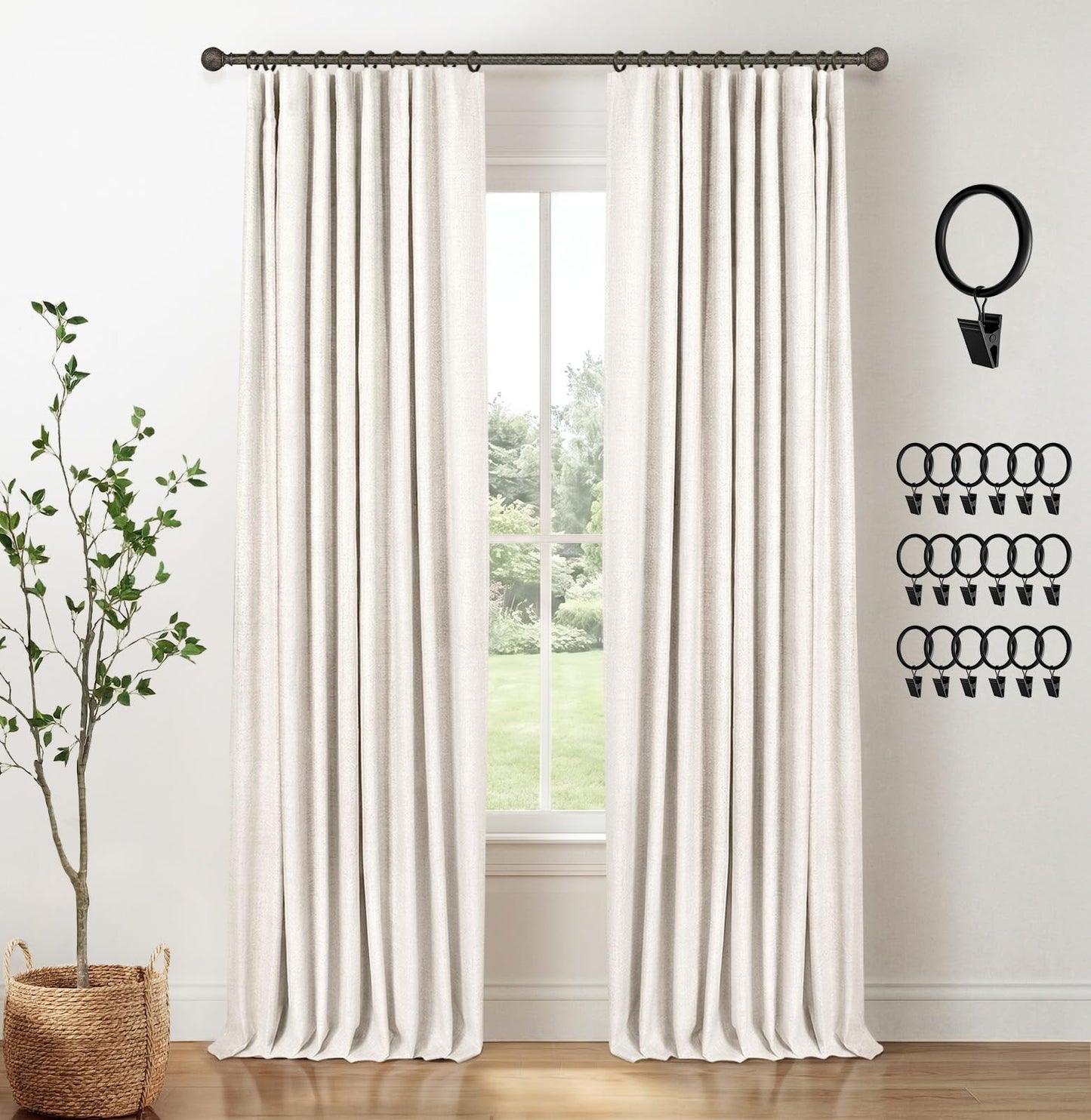 INOVADAY 100% Blackout Curtains for Bedroom, Black Out Curtains 90 Inch Long, Clip Rings Linen Blackout Drapes, Thermal Insulated Room Darkening for Living Room, 2 Panels - Beige,W50xL90