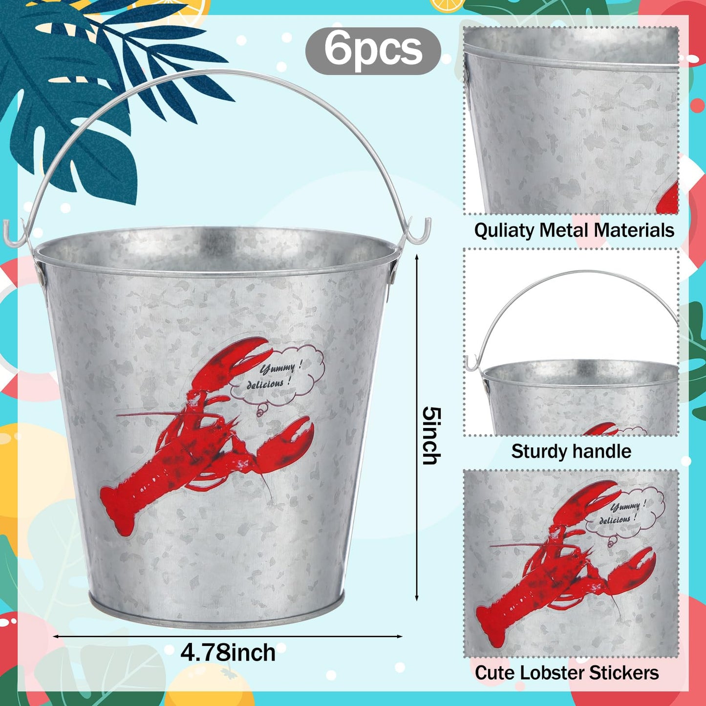 Yungyan 6 Pcs 5 x 4.8 in Crawfish Boil Party Supplies Metal Buckets with Handles Seafood Ice Buckets Lobster Crab Boil Mint Julep Ice Tub Beverage Tub for Seafood Festival Summer Birthday BBQ Picnic