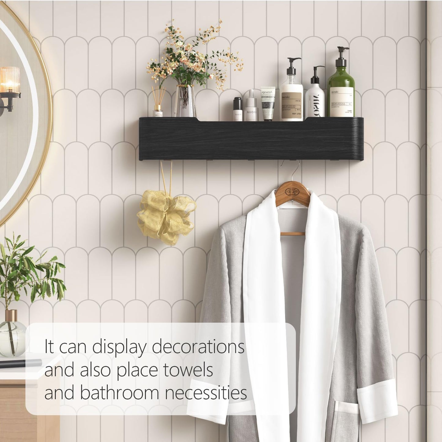 Jadoxy Coat Rack Wall Mount with Shelf 5 Hidden Hooks Modern Wooden Key Holder Entryway Organizer for Hallway Bedroom Bathroom Home Decor Storage for Hanging Coats Hats Bags Towels, Black