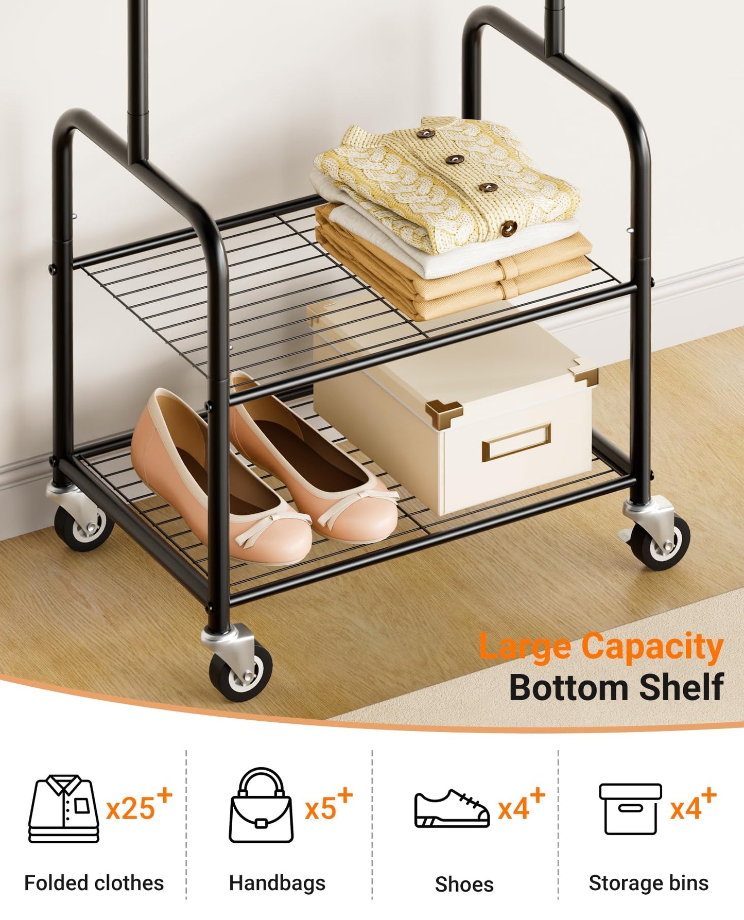 AOODA Small Clothes Rack with Shelves, Metal Sturdy Rolling Clothing Racks for Hanging Clothes, Portable Garment Rack with Wheels for Shirts, Coats, Shoes, Bags (Black)