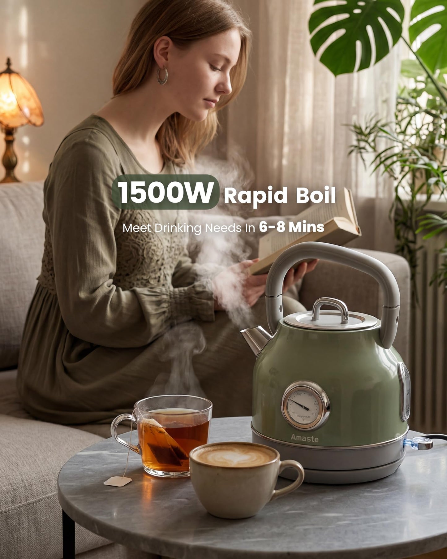 Amaste Electric Kettle, Retro Electric Tea Kettle with Thermometer, 57 Oz Hot Water Kettle for Coffee & Tea, 304 Stainless Steel, 1500W Fast Boiling, Auto Shut-Off & Boil Dry Protection, Matcha Green