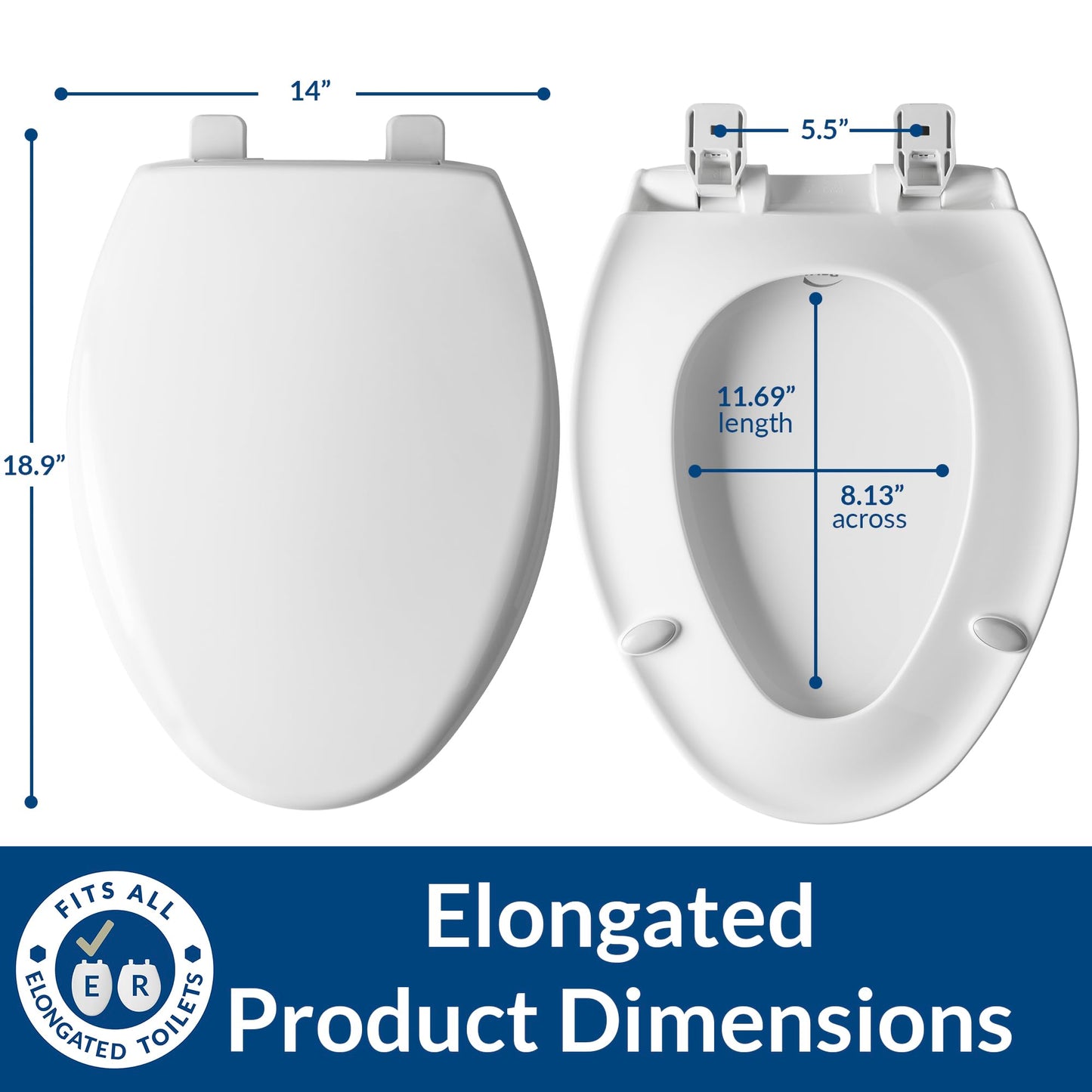 Mayfair Collins Slow Close Toilet Seat, Durable Plastic Seat with Extra Stability Bumpers and Secure Hinges, Made in USA, Elongated, White