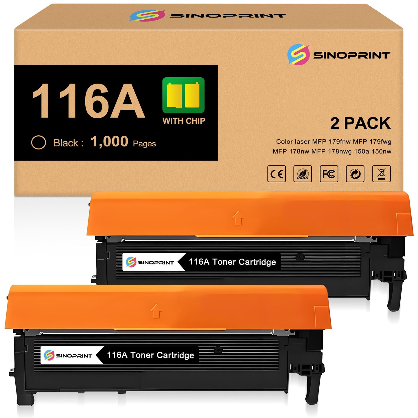 SINOPRINT 116A Compatible Toner Cartridges Replacement for HP 116A Black W2060A for HP Laser MFP 179fnw MFP 178nw 150a 150nw 179 178 150 Printers (2-Pack Black)