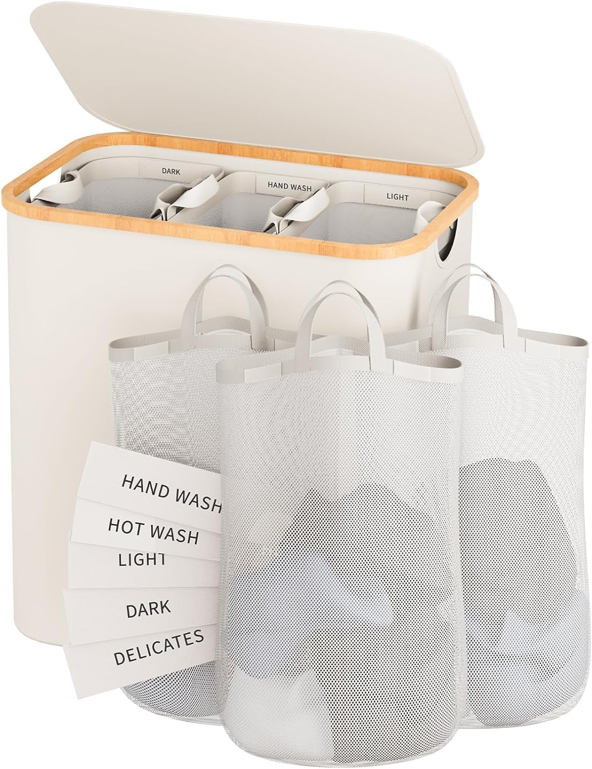 Laundry Hamper with Lid, 160L Dirty Clothes Hamper for Laundry Basket 3 Section, Extra Large Laundry Sorter Hamper 3 Compartment with Removable Inner Bags & Labels, Beige