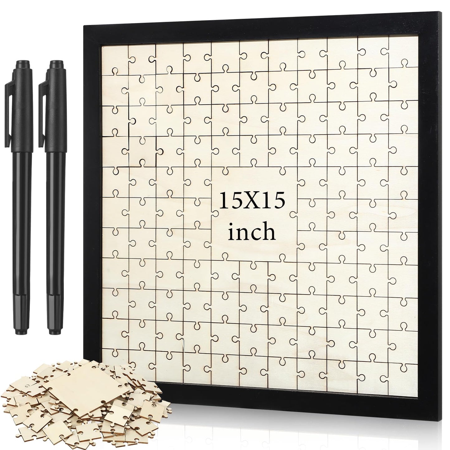 Leinuosen Wedding Guest Book Alternative Jigsaw with 112 Wooden Blank Puzzle with Frame and Pen Personalized Wedding Guest Book Make Your Own DIY Decor for Party Engagement Bridal (112 Pieces, Black)