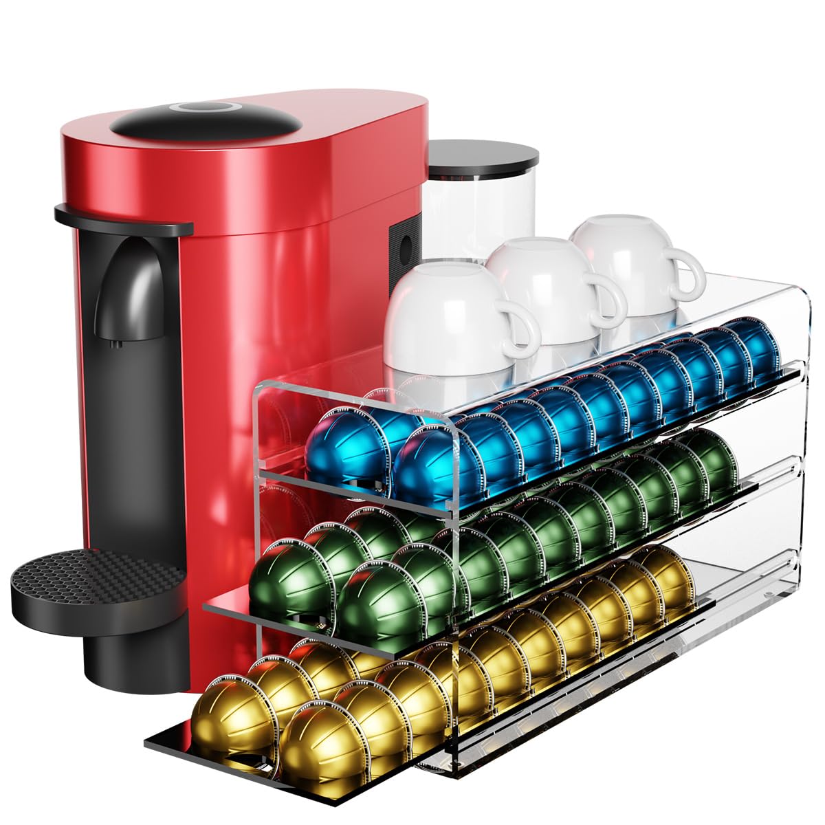 Acrylic Coffee Pod Drawer for Nespresso Vertuo Capsules, 3 Tier 60 Capacity Pods Organizer for Countertop Coffee Bar Home Office Kitchen