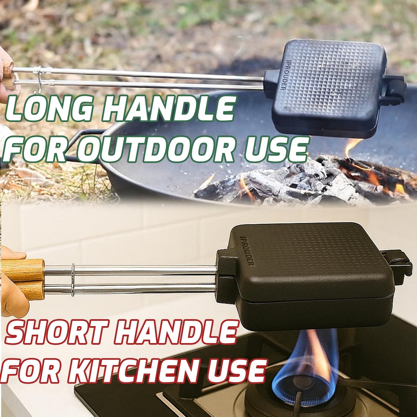 IPROUDER Campfire Pie Iron 4.9" Large Cast Iron Sandwich Maker for Camping 2 Pcs with Storage Bag - 21.7 inch Adjustable Handles - Campfire Cooking Equipment for Grilling & Outdoor Cooking