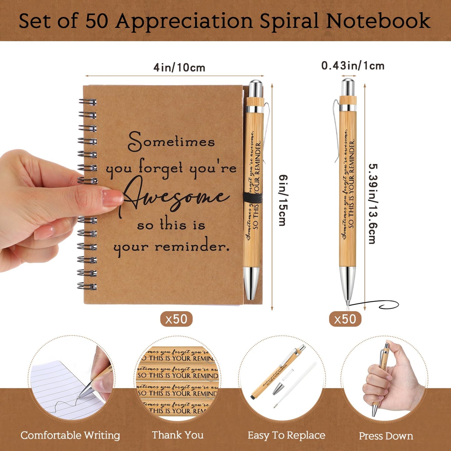 Honoson 50 Sets Spiral Notebooks Sets Teacher Thank You Gifts Inspirational Journals with Retractable Bamboo Pens Bulk Encouragement Notepad for Nurse Employee, Awesome Sign