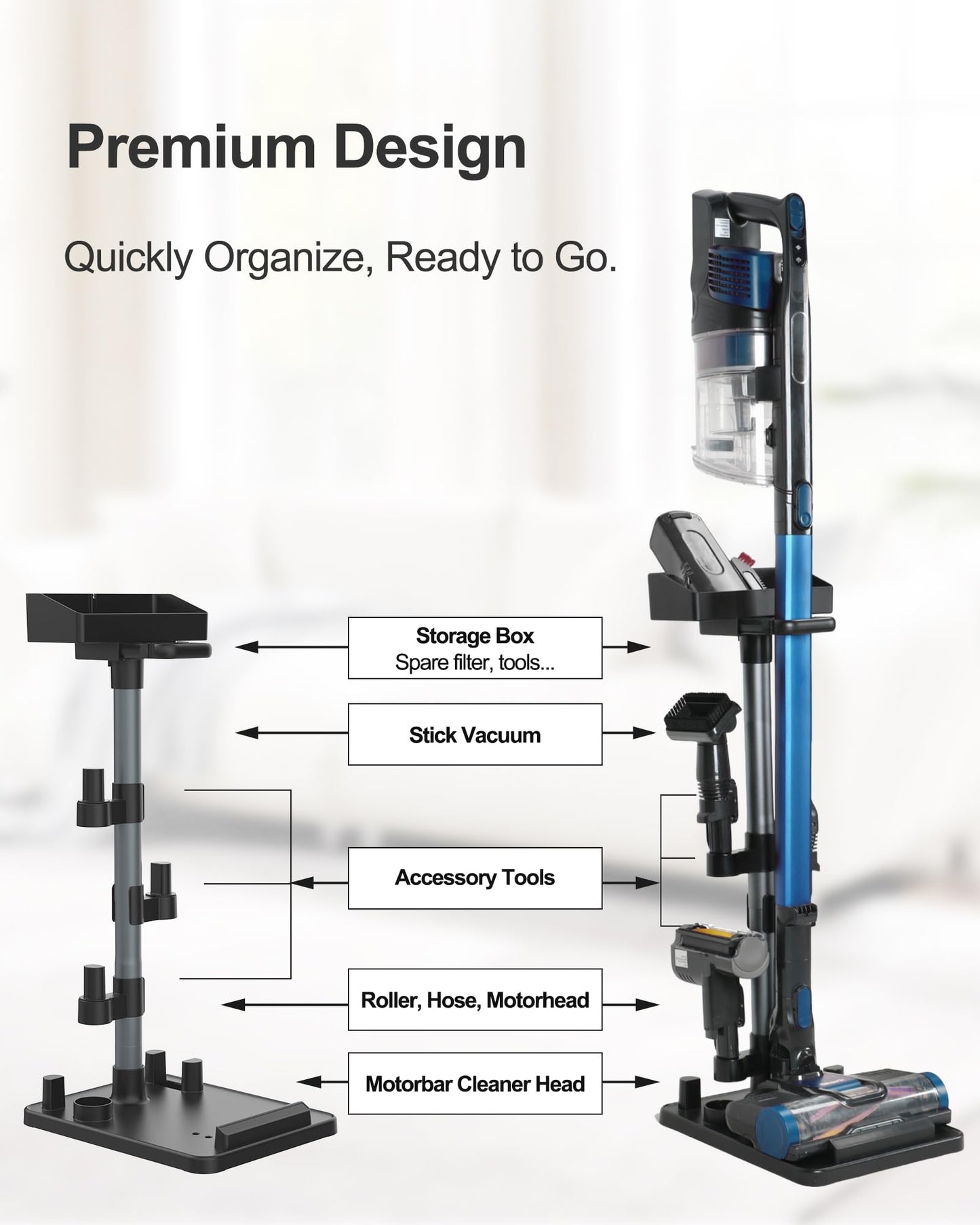Portek Cordless Vacuum Stand, Height-Adjustable Stick Vacuum Standing Dock Station, 7 Accessory Holders Attachments Organizer and Storage Box (Max. 1.8" Vac Wand)