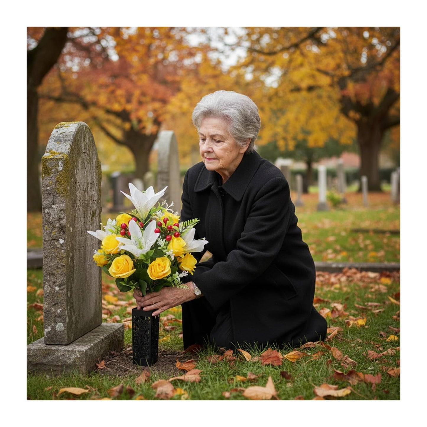 RUMEAVAO 2 Sets Artificial Silk Cemetery Flowers, Memorial Flowers for Gravesite, Blue & Yellow Roses Lily Bouquet, Memorial Day Mother's Day Grave Decorations