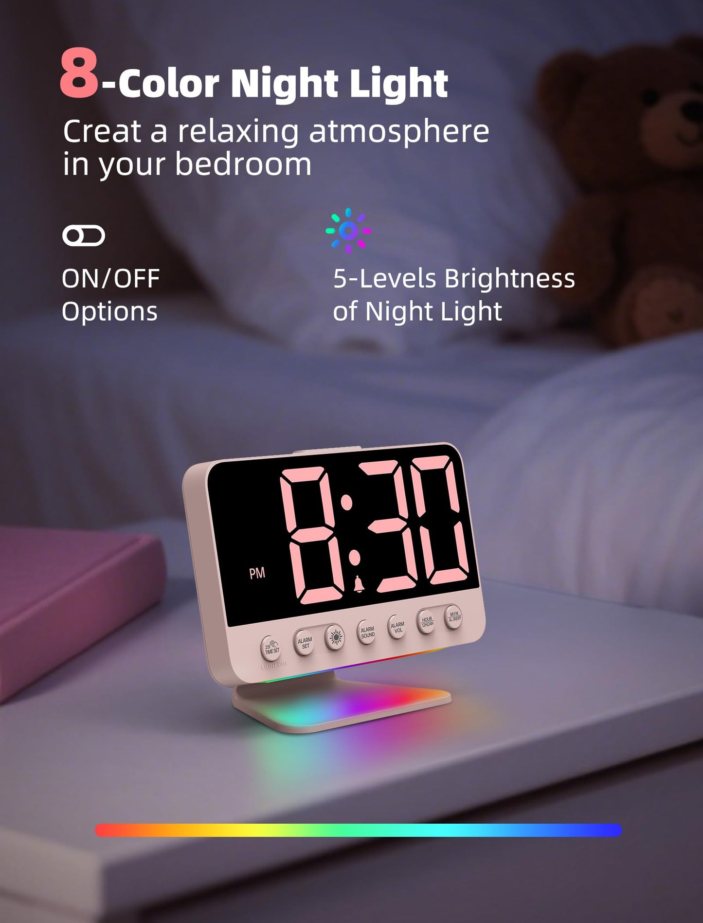 Odokee Digital Alarm Clocks for Bedrooms: Large Bold Number 5 Brightness Dimmer - Easy to Read Across The Room - 5 Alarm Sound 8 Night Light - Sakura Pink