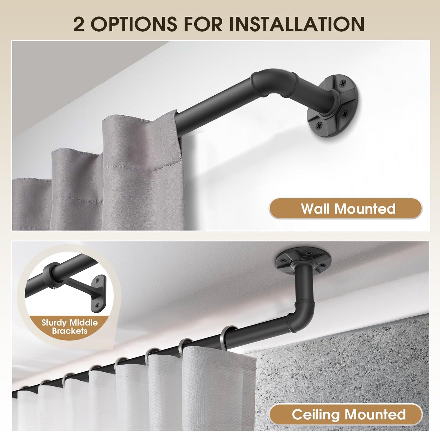 DOJUWIN Industrial Adjustable Blackout Curtain Rod 72-144 Inch - Heavy Duty Wrap Around Rod for Windows, Indoor/Outdoor Room Divider Drapery