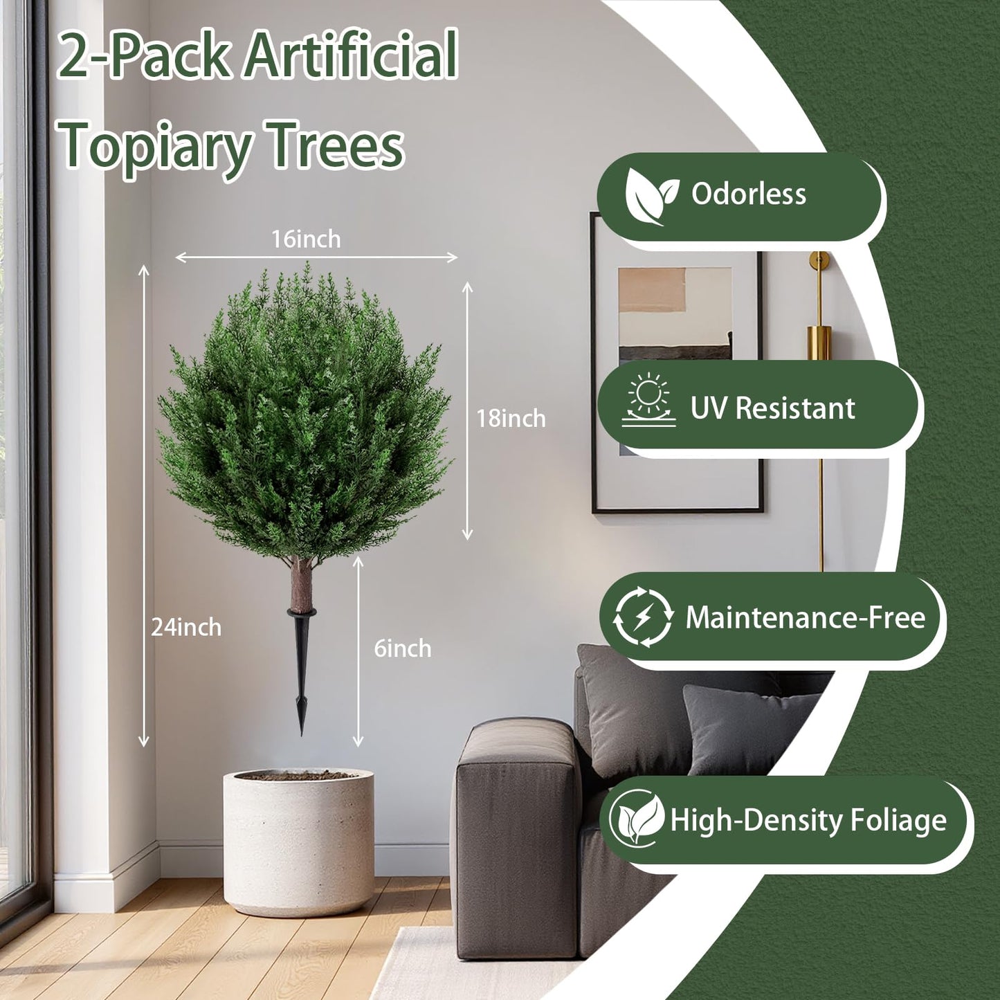 SylvanVerse 2 Pack 2FT Artificial Cedar Topiary Trees with Ground Spike, Fake Pine Shrubs Bushes, UV Resistant Faux Evergreen Cypress Tree Plants for Indoor Outdoor Planters Front Porch