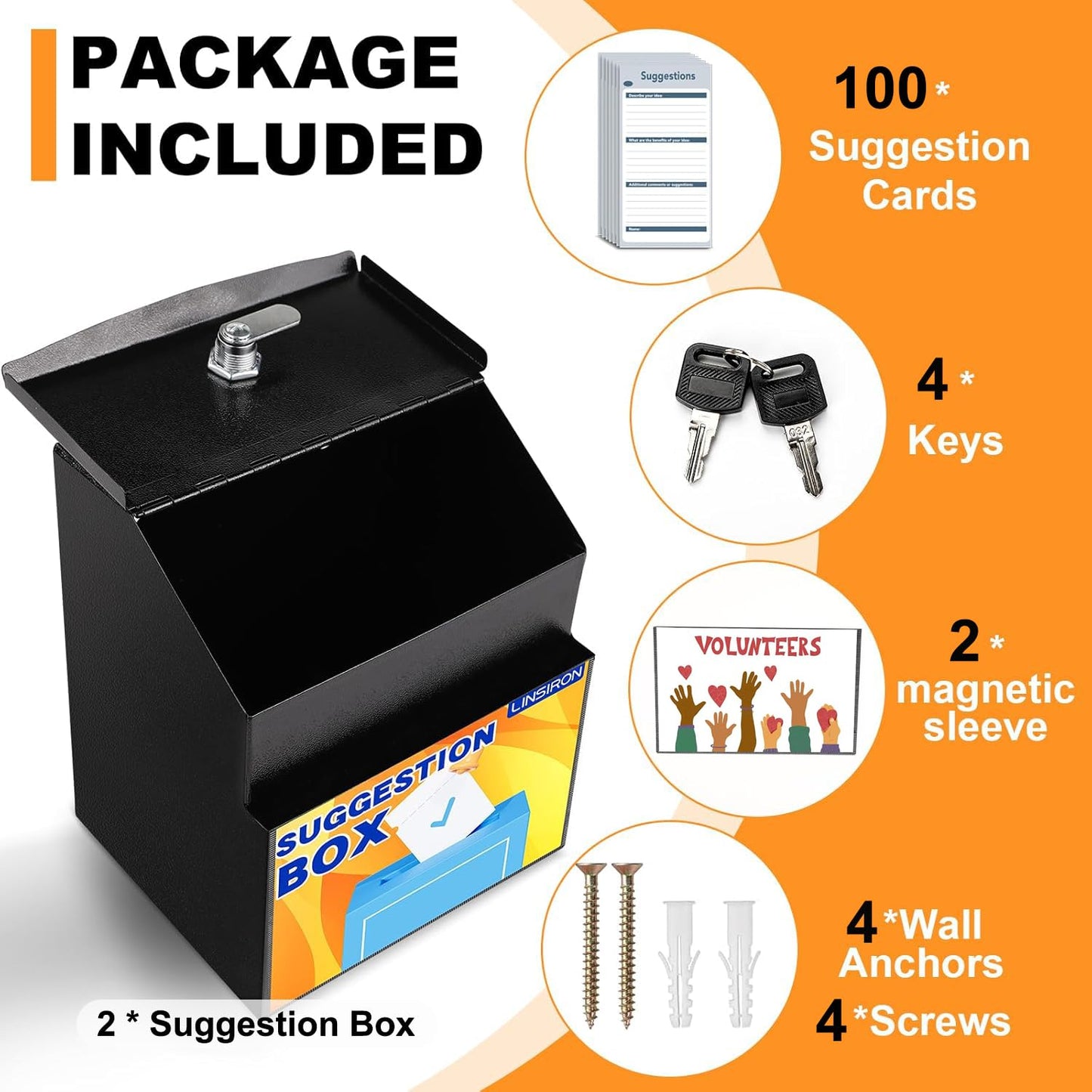 LINSIRON Suggestion Box with Magnetic Sign Holder, 2 Pack Metal Wall Mounted Ballot and 50 Free Suggestion Cards,Donation Boxes for Fundraising with 2 Keys 8.4 x 5.8 x 7.0 inch,Black