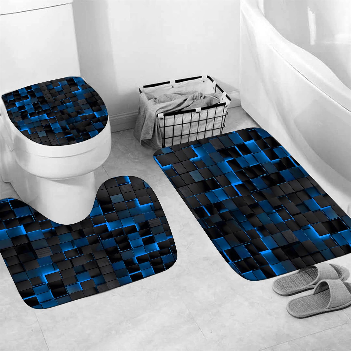 LQCOOL 4Pcs Blue Shower Curtain Set 3D Cubes Bathroom Sets Modern Shower Curtain Set for Bathroom Sets with Rugs Black and Blue Shower Curtain with 12 Hooks