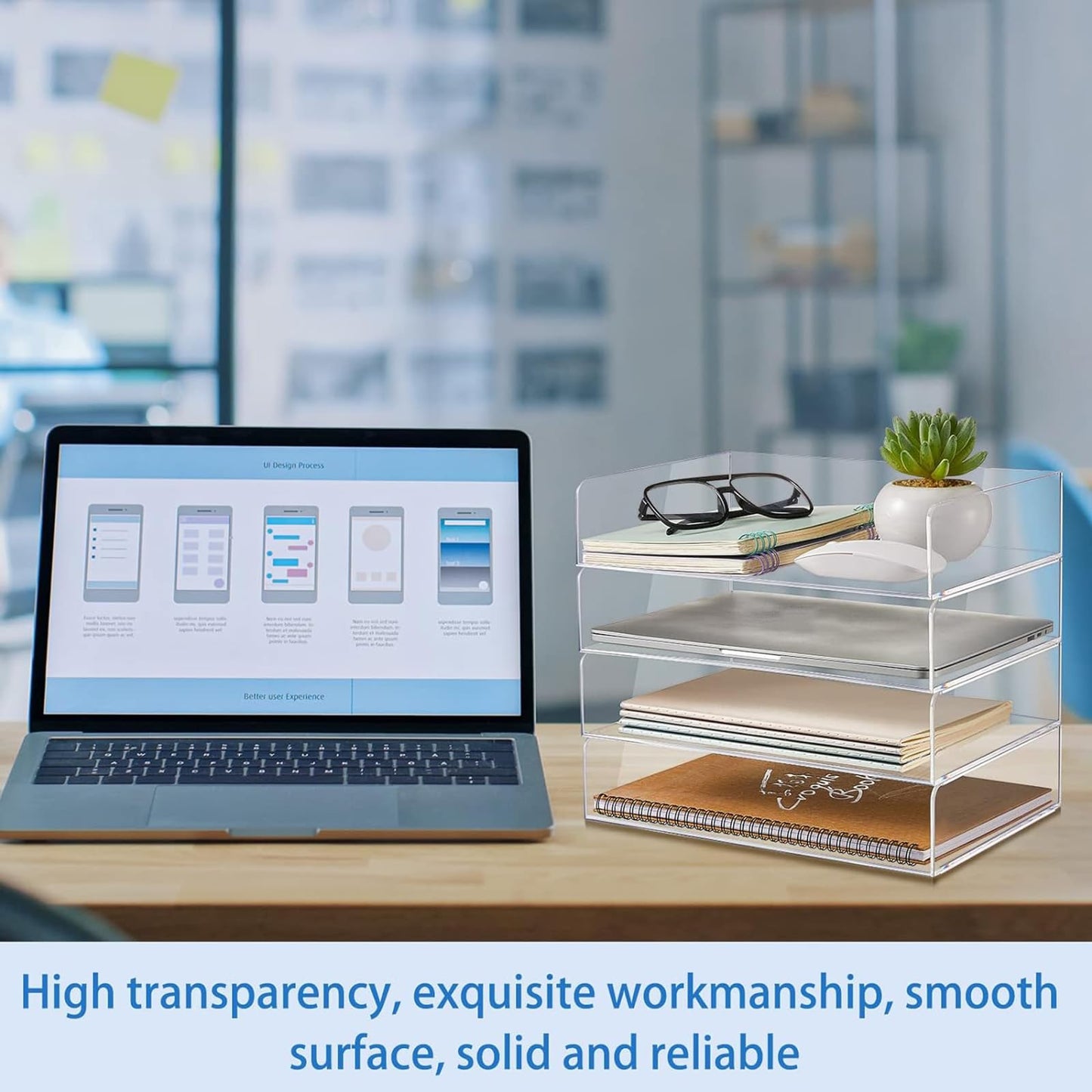 Harloon 4 Tier Paper Organizer Letter Tray Acrylic Desk File Organizer Heavy Duty Stackable Documents Clear Letter Paper Holder Sorter Office Tray for A4, Office Classroom Home File Pad Notebooks