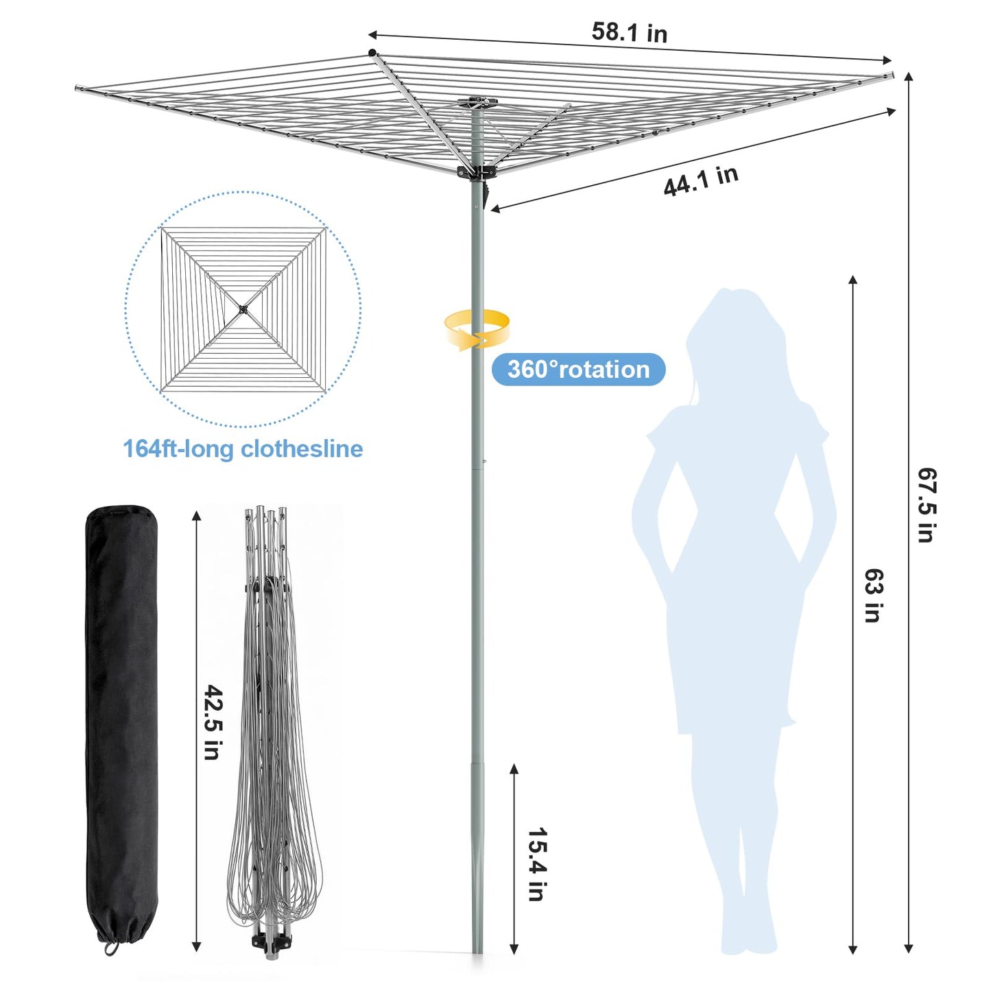 APEXCHASER Outdoor Umbrella Clothes Drying Rack, 164FT Metal Laundry Drying Rack, 4-Arms Rotary, Collapsible Clothesline for Lawn, Garden,Backyard, 67.52" H