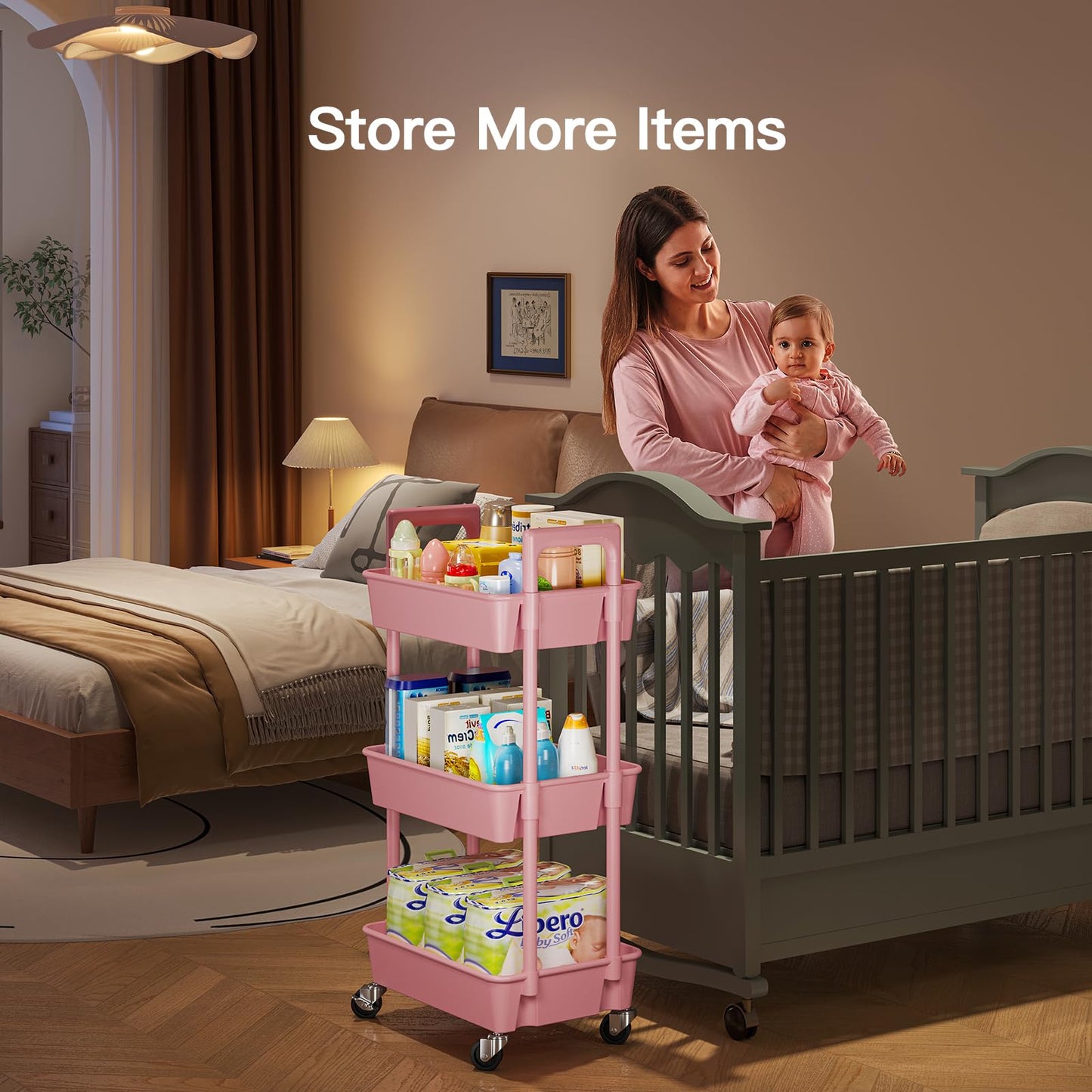 Pipishell 3 Tier Rolling Cart Organizer, Plastic Rolling Cart with Lockable Wheels & Reinforced Handle, Lightweight Utility Storage Cart for Nursery, Kitchen, Craft Room, Pink