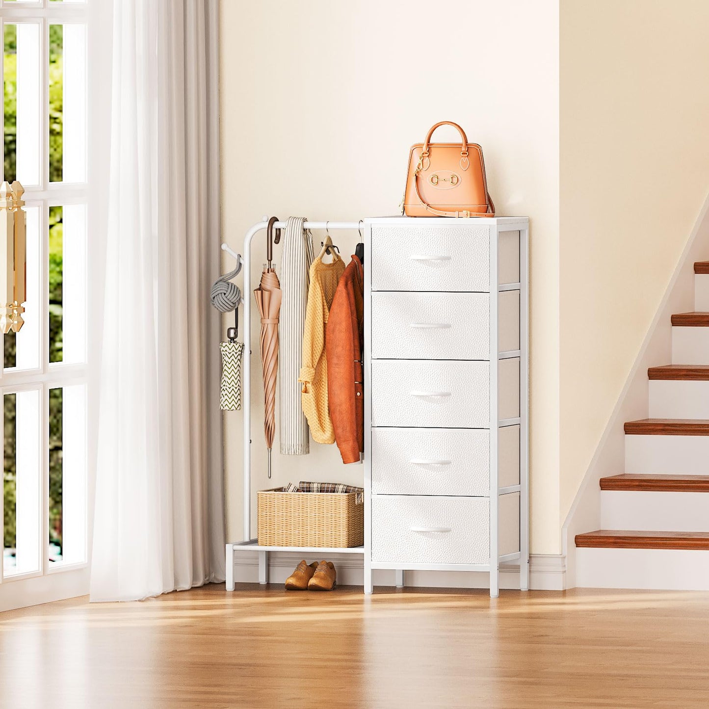 Snughome Dresser with Hanging Rack, Clothes Hanging Rack with 5 Drawers, White Dresser with Clothes Rack, Fabric Storage Chest of Drawers, Small Dresser for Bedroom, Apartments, Entryway Living Room