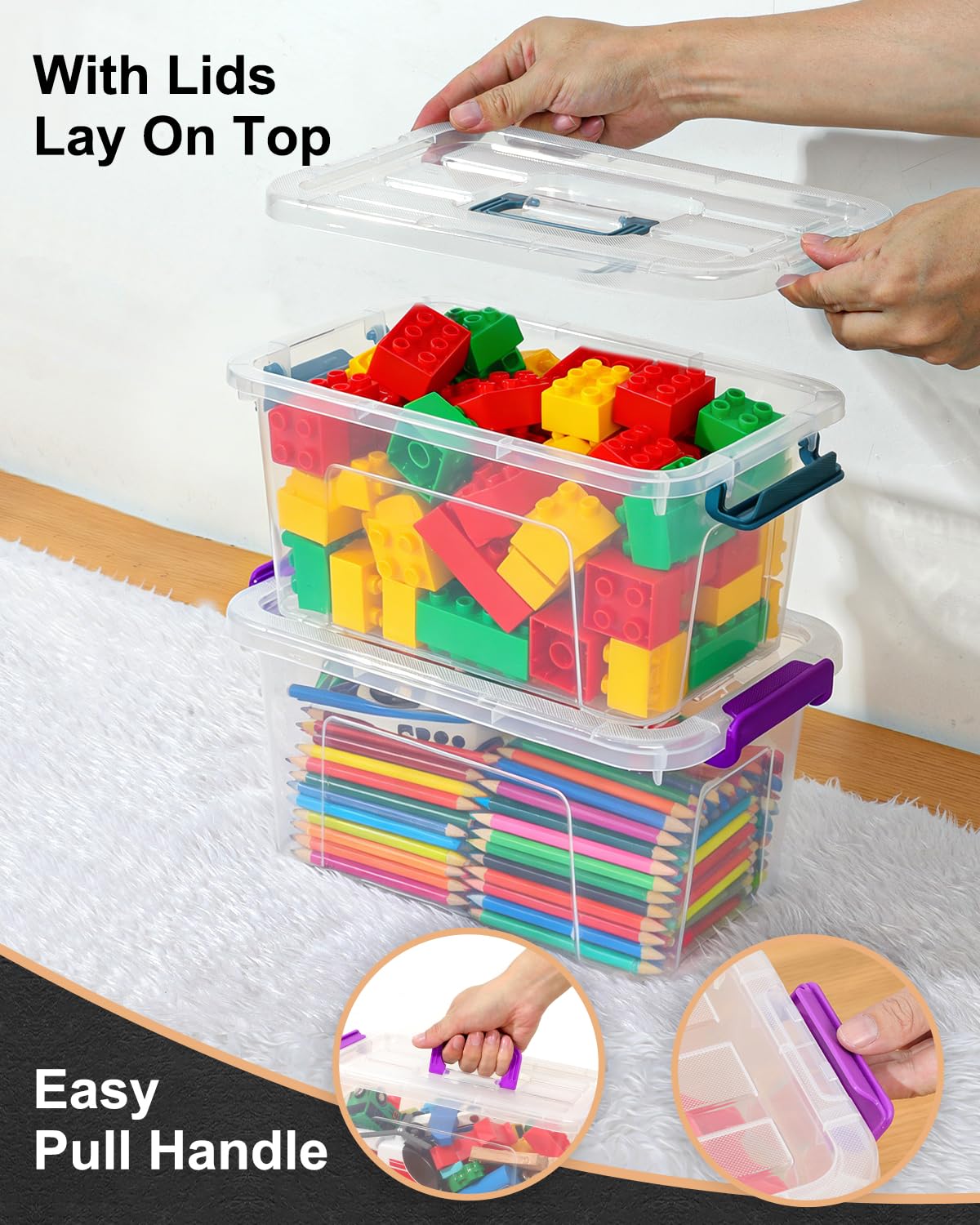 AREYZIN Plastic Storage Bins with Lids 6 Pack,7 Quart Stackable Storage Containers with Buckle Latches, Heavy Duty Clear Organizer Bins for Home Office Supplies, Craft & Toy Storage, BPA-Free,Purple