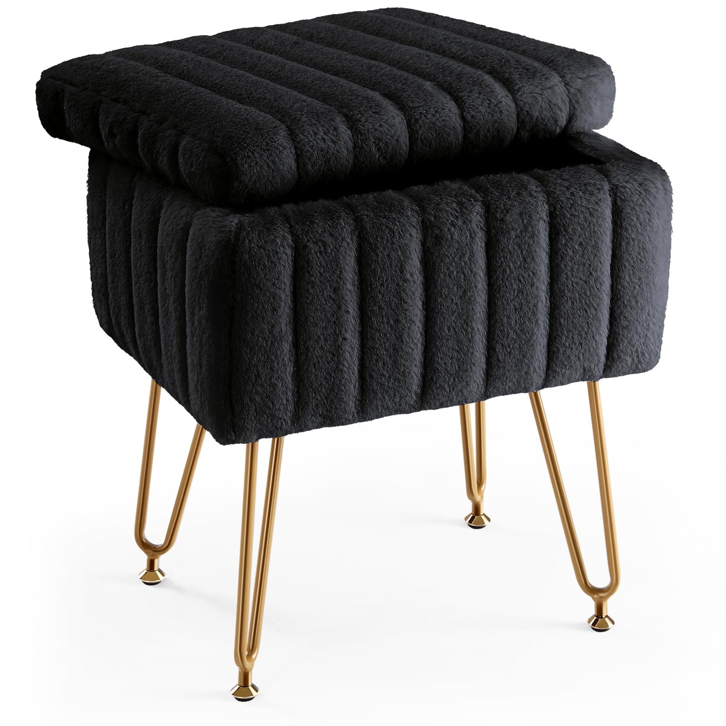 DUMOS Vanity Stool Chair, Ottoman with Storage, Makeup Cute Soft Small Footstool, Modern Style Faux Fur Seat with 4 Metal Legs & Adjustable Feet for Dressing, Living Room, Bedroom, Dorm, Black