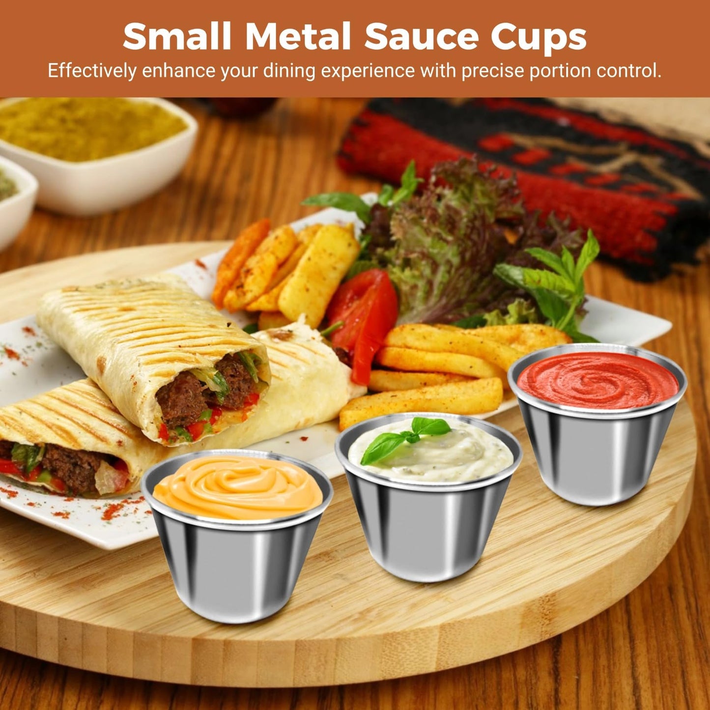 100Pcs Stainless Steel Dipping Sauce Cups, 2.5oz Metal ramekins,Reusable Metal Sauce Cups Stainless Steel Condiment Cups Small Dipping Bowls Round Individual Portion Cups for Home, Restaurant (100)