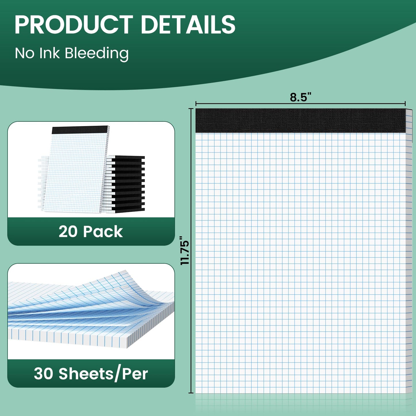 Ciphyfee Graph Paper 8.5 X 11, 20 Pack, 4x4 Quad Ruled, Grid Paper Pad 8-1/2" X 11.75", Grid Pad 8.5 X 11.75, Engineering Notebook, Easy Tears Off, White 70 Gsm Graft Paper