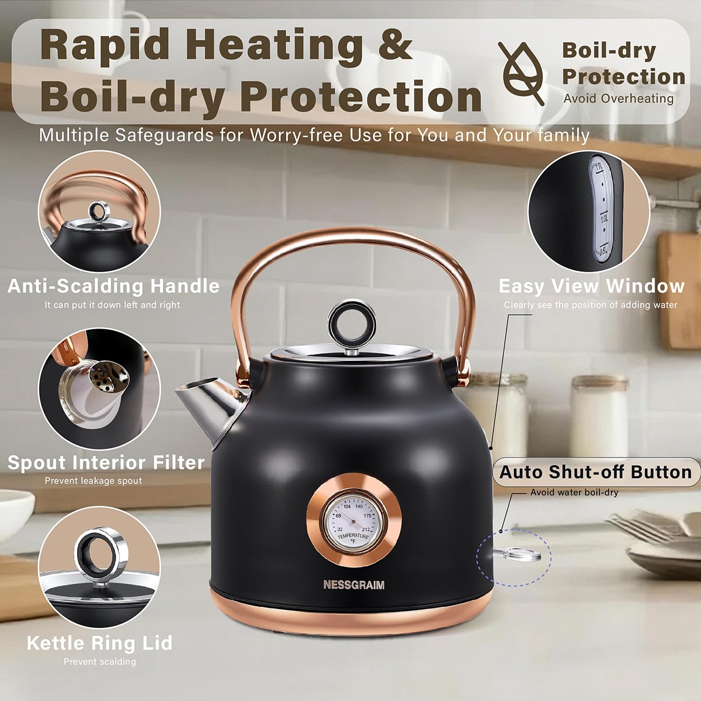 NESSGRAIM Retro Electric Kettle, 1.7L Stainless Steel Tea Kettle with Large Temperature Gauge, 1500W Fast Heating Hot Water Boiler with LED Indicator, Auto Shut-off & Boil-Dry Protection-Reteo Black