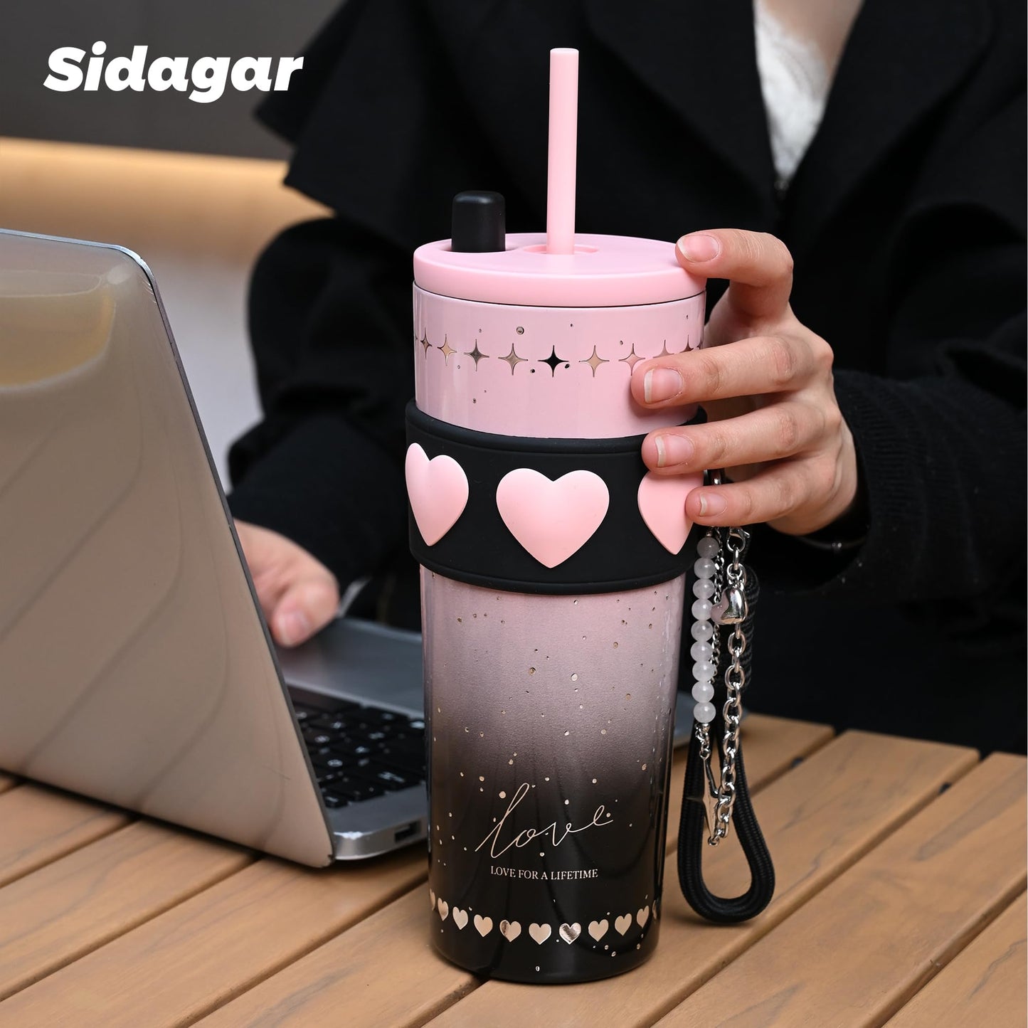 Sidagar 24 oz Stainless Steel Tumbler with Lid and Straw, Insulated Coffee Mug, Leak Proof, Portable Iced Travel Water Bottle, Reusable Thermal Coffee Cup Gift for Women, Pink