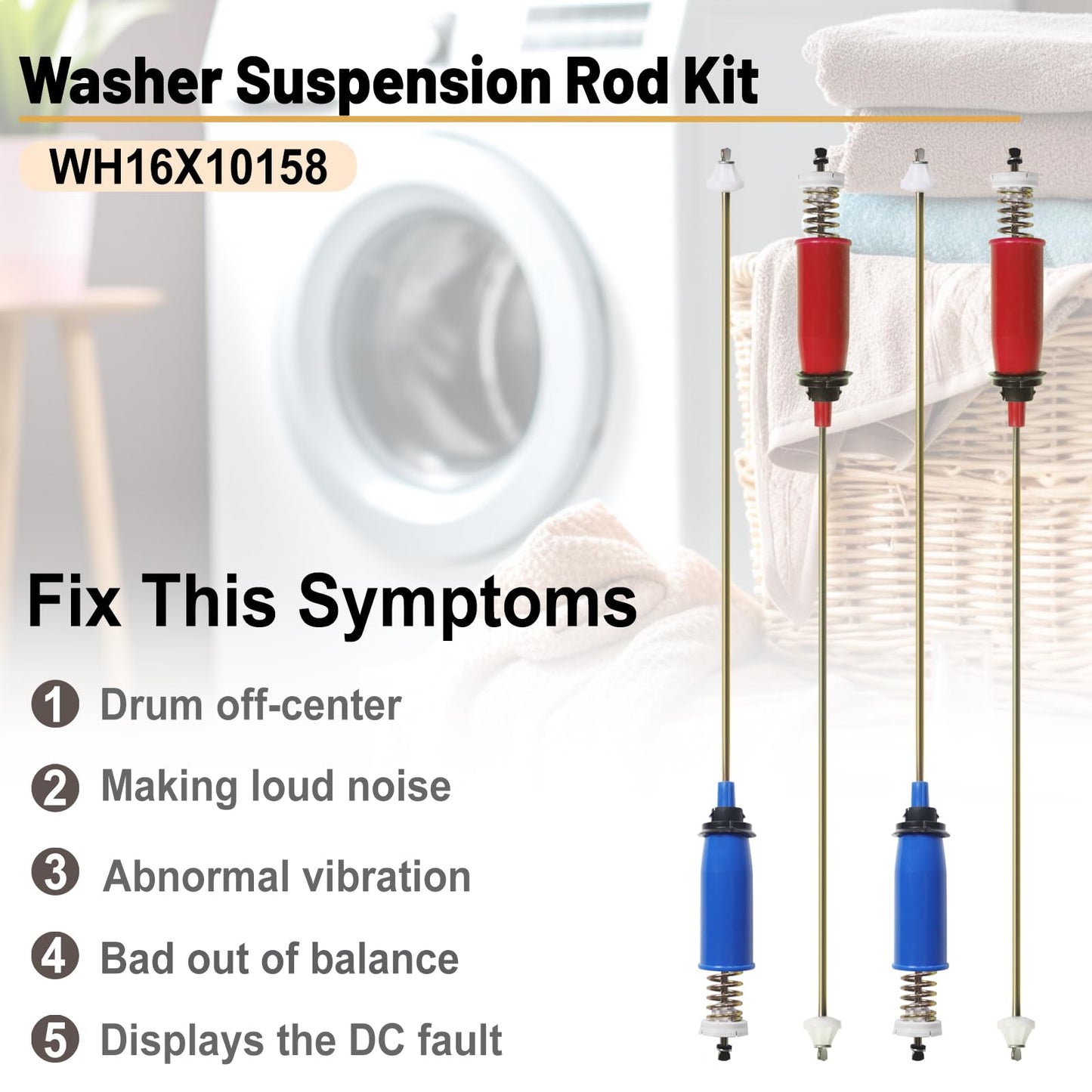 WH16X10158 WH16X10159 4PCS Washer Suspension Rod Set Compatible with G-E Hot-point Washer Replace PS3654190 AP5632455 PS3654191 2754602 GTWN2800D2WW HSWP1000M4WW