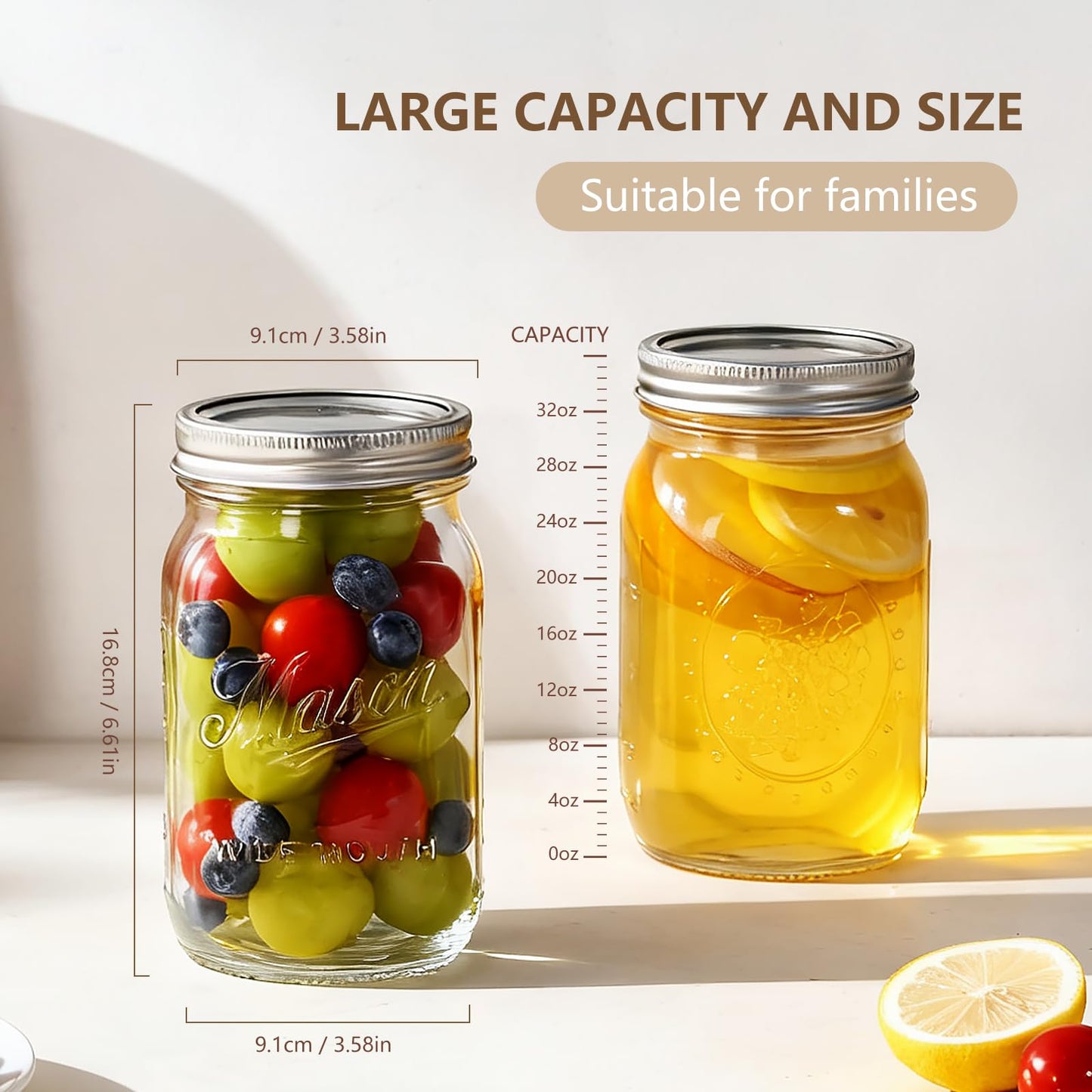 Dralaw Mason Jars 32 oz,6 Pack Large Wide Mouth Mason Jar with Airtight Lids and Bands|Quart Glass Canning Jars for Pickling, Fermenting and Food Storage Microwave&Dishwasher Safe