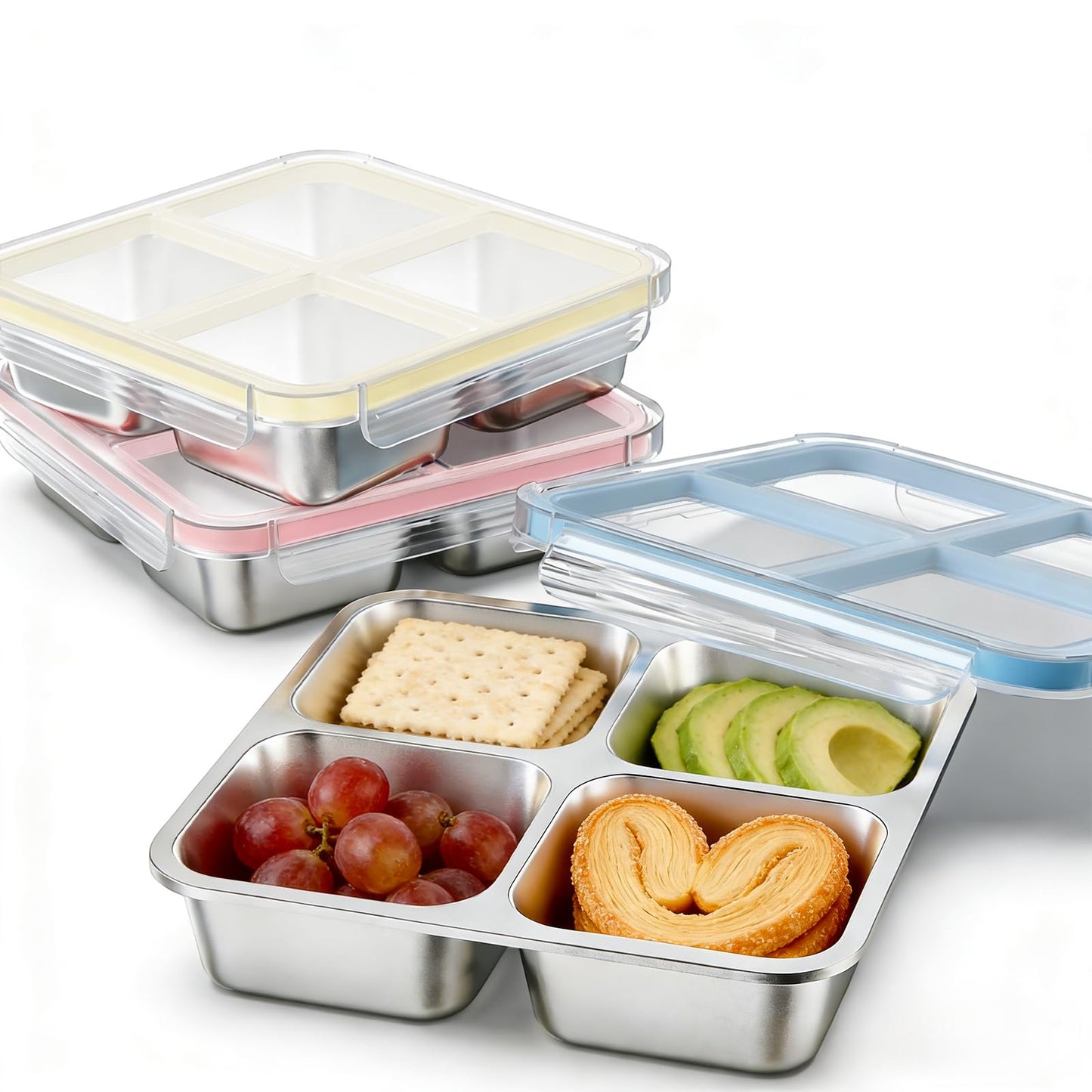 EC-Gaze 3 Pack Stainless Steel 4 Compartment Snack Containers with Lids, Reusable Divided Lunch & Food Storage Containers for Work, Travel (Pink, Yellow, Blue)