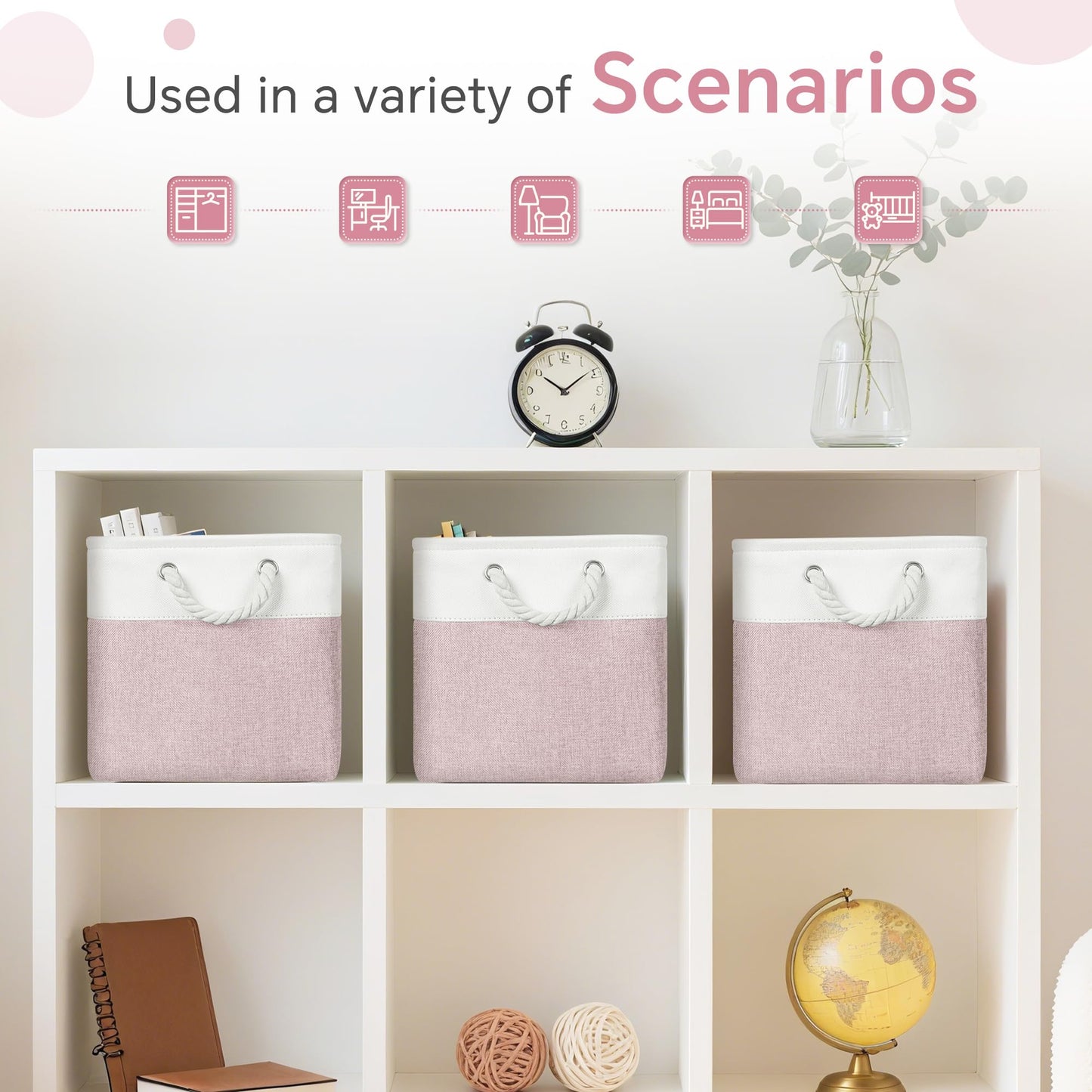 FinishingBo Cube Storage Bins, 6 Pack 11x11 inch with Cotton Handles for Closet, Shelves, Clothes, Towel (White/Pink)
