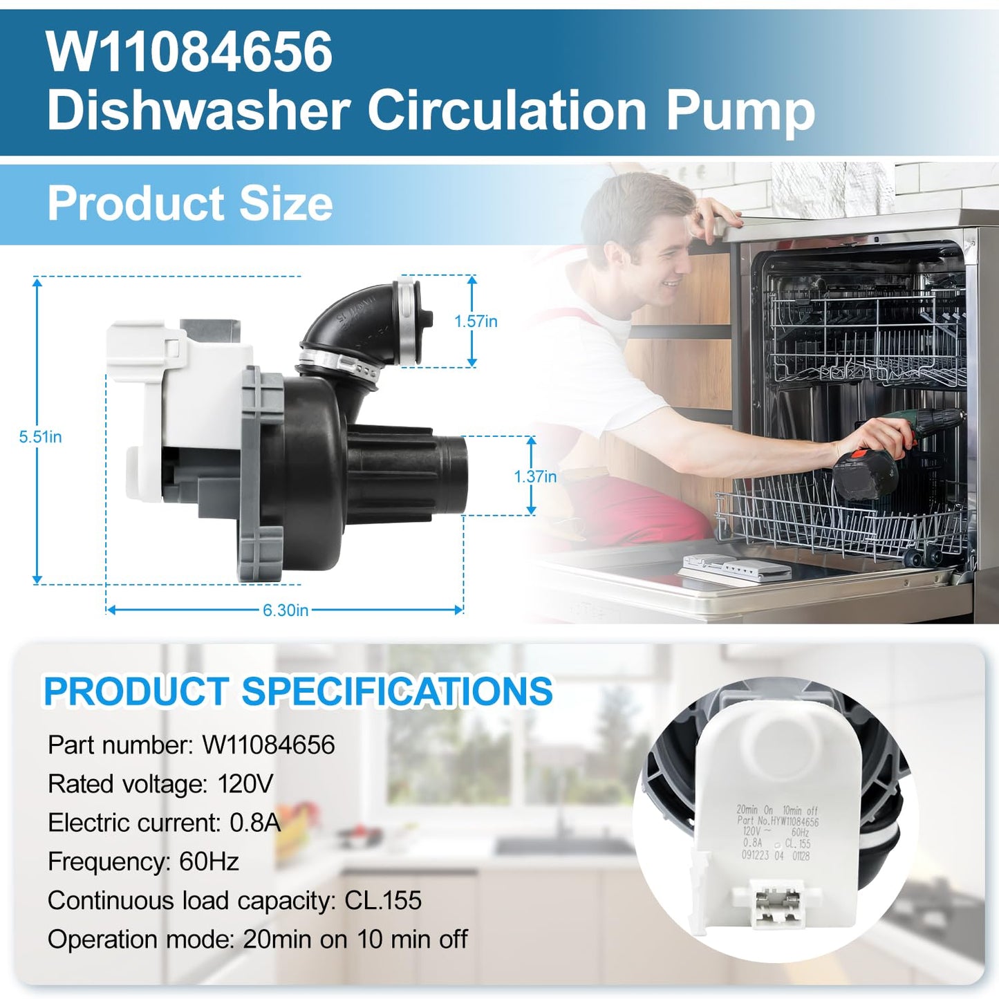 Upgraded W11084656 Dishwasher Circulation Pump W10854710 for Whirlpool Kenmore Kitchenaid WDT730PAHZ0 WDT750SAHZ0 WDTA50SAHZ0 Dishwasher Pump Motor Assembly Replacement Part W11612327 W10805387