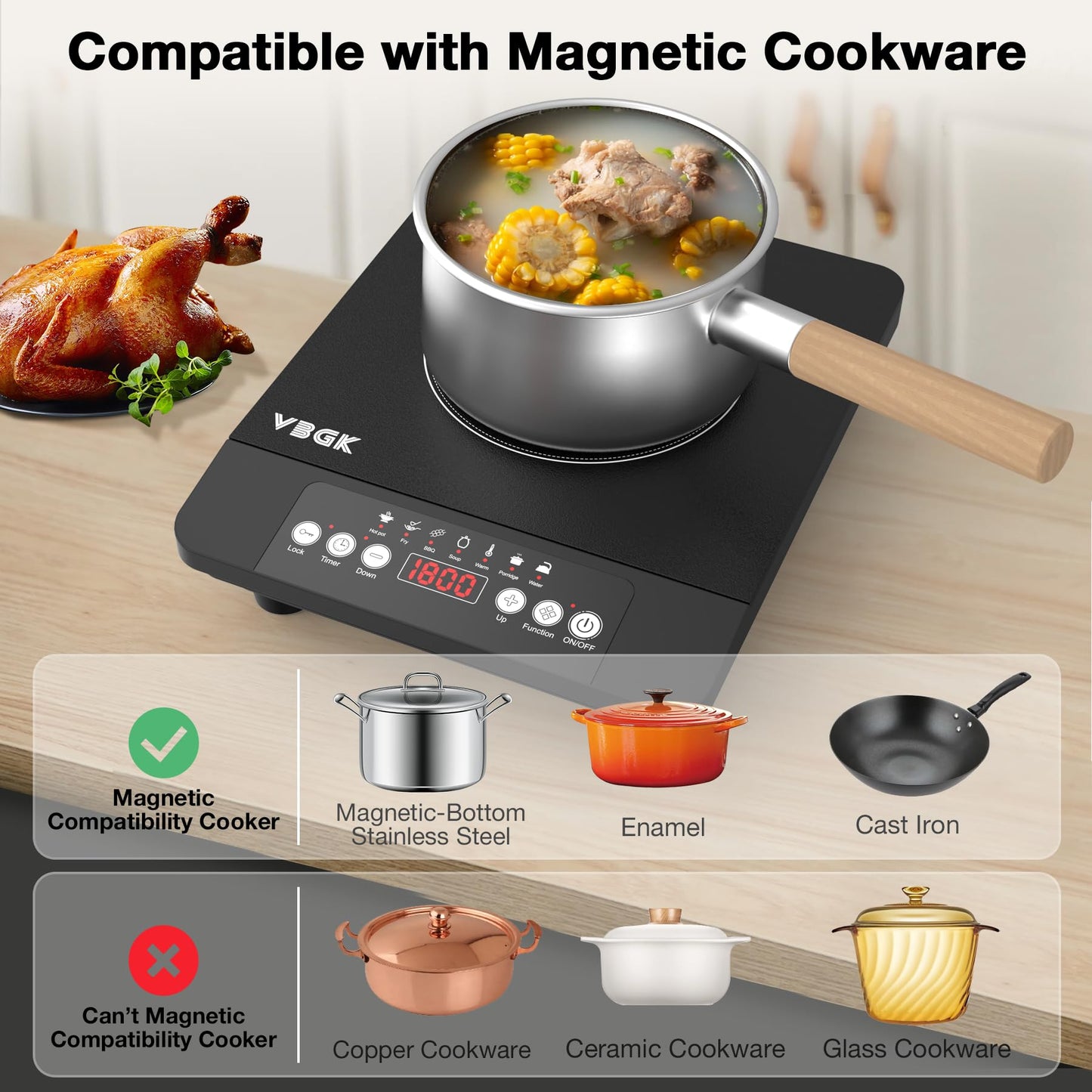 VBGK Single Burner Induction Cooktop,1800W Portable Induction Cooktop,110V Hot Plate with LCD Sensor Touch, 7 Temp Levels up to 518°F, Safety Lock, 4-Hour Timer, 9 Heat-Resistant Cooking