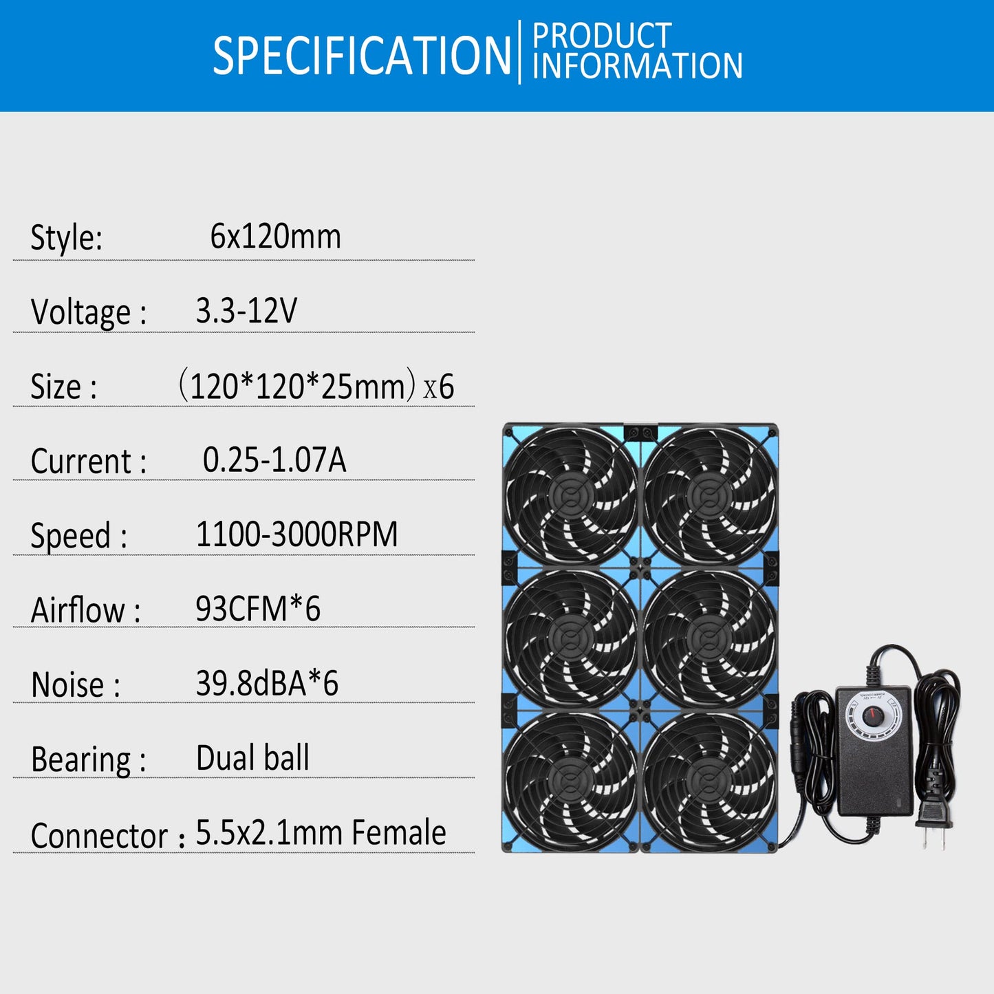 120mmx6 720mm Adjustable Computer PC Vent Fans 3V-12V Speed Controller for Flexible Arrange Cabinet Rack Space Window Wall Server Mining Rig Chicken Coop Exhaust Cooling