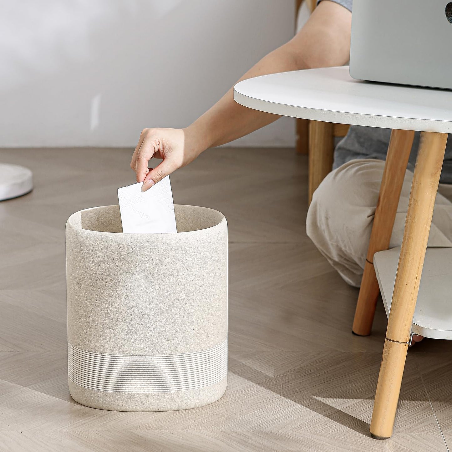 WUUAHOME Trash Can, 1.6 Gallon Small Bathroom Trash Can, Simple Oval Stone Look Garbage Bin, Decorative Waste Basket for Kitchen Office, Home Decor, Bedroom, Living Room (Beige)