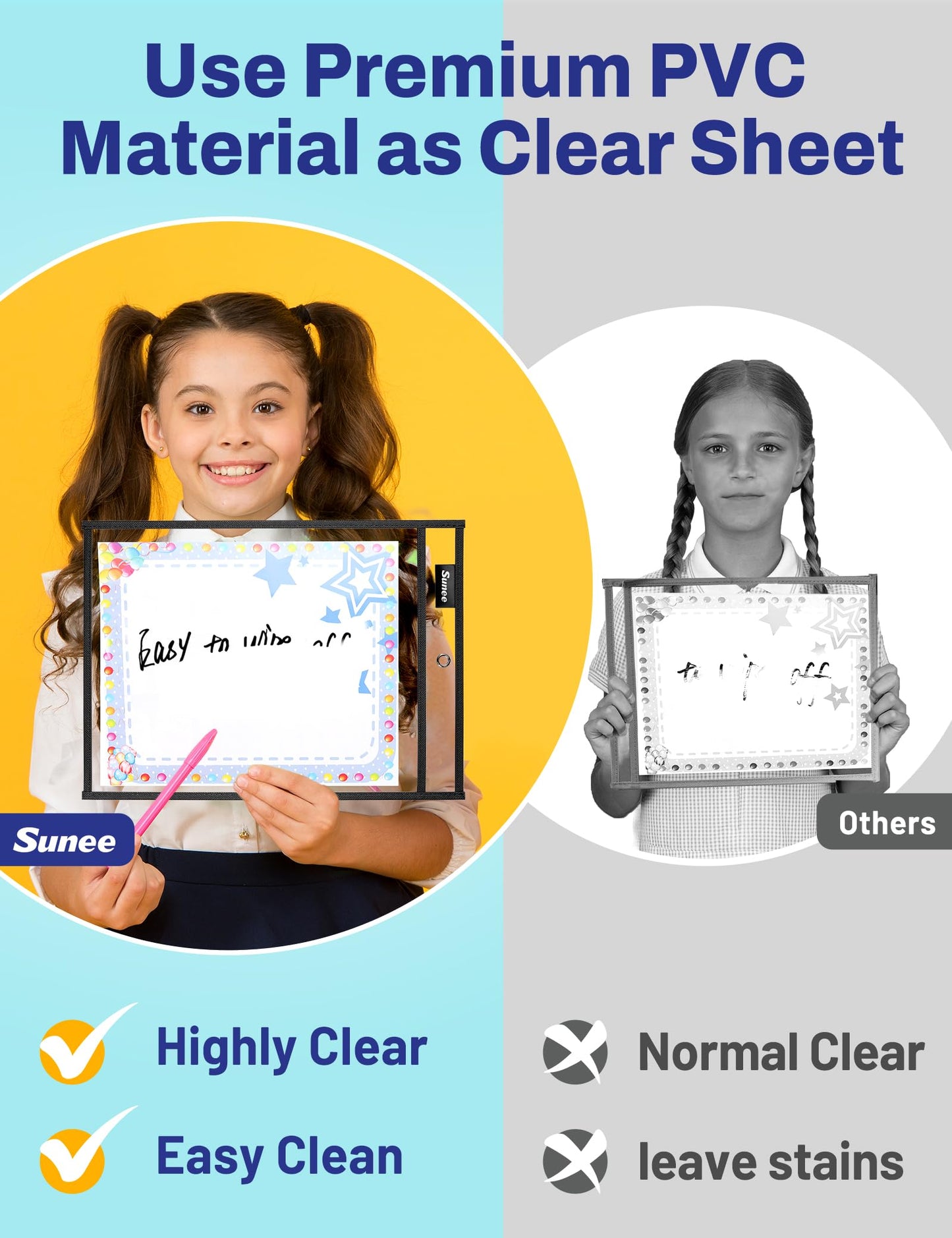 SUNEE 50 Packs Oversized Reusable Dry Erase Pocket Sleeves with 3 Rings, Black 10x14 Ticket Holders, Clear Plastic Sheet Protectors, Teacher School Classroom Supplies