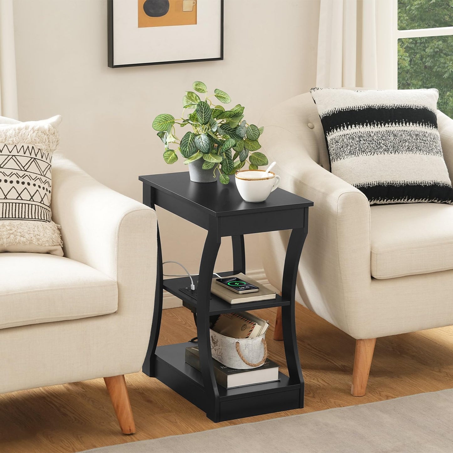 MAHANCRIS End Tables Living Room, Black End Table with Charging Station, Nightstand for Bedroom, 3 Tier Side Table with Storage Shelf for Living Room, Modern Bedside Table, Small Space, ETBK53E01