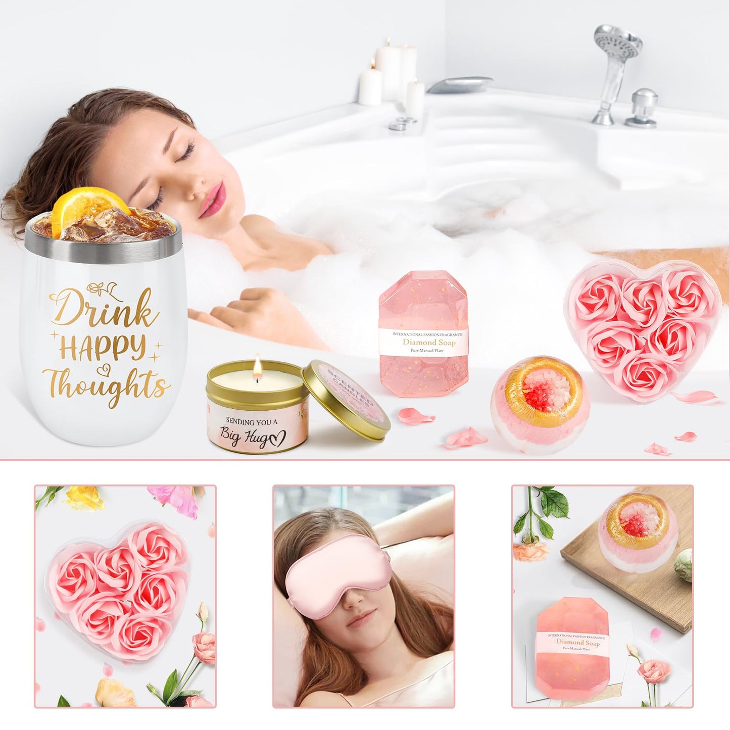 Birthday Gifts for Women Graduation Gifts for Her, Unique Self Care Package Get Well Soon Basket Rose Relaxing Spa Kit with Flannel Blanket Tumbler, Happy Christmas Box for Friend Mom Sister Wife