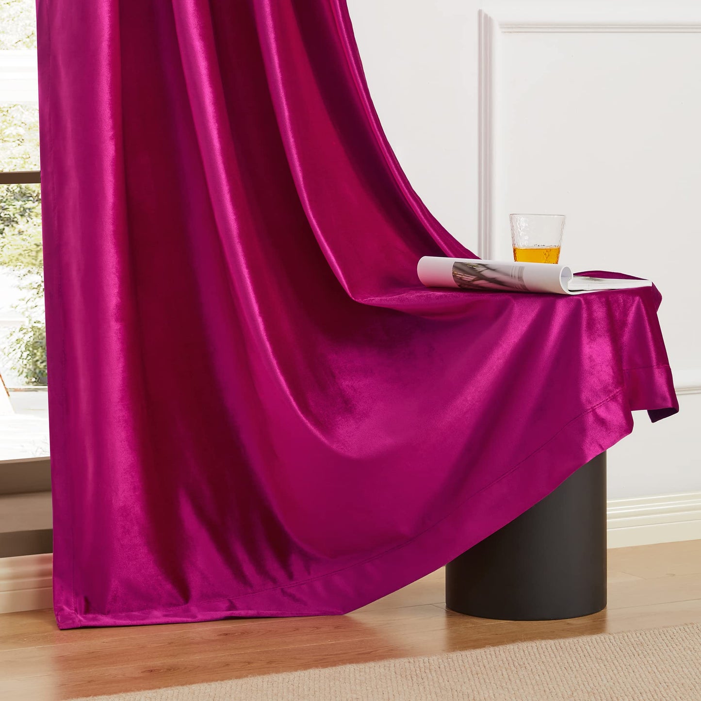 BULBUL Living Room Polyester Velvet Window Curtains 84 inch Length- 2 Panels Hot Pink Blackout Window Drapes Curtain Thermal Insulated Room Darkening Decor Grommet Curtains for Bedroom