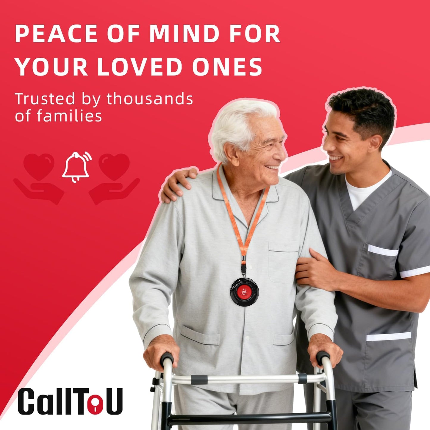 CallToU Caregiver Pager Wireless Call Bell Alert Button for Seniors/Elderly/Patients 2 Plugin Receiver 2 Waterproof Transmitter