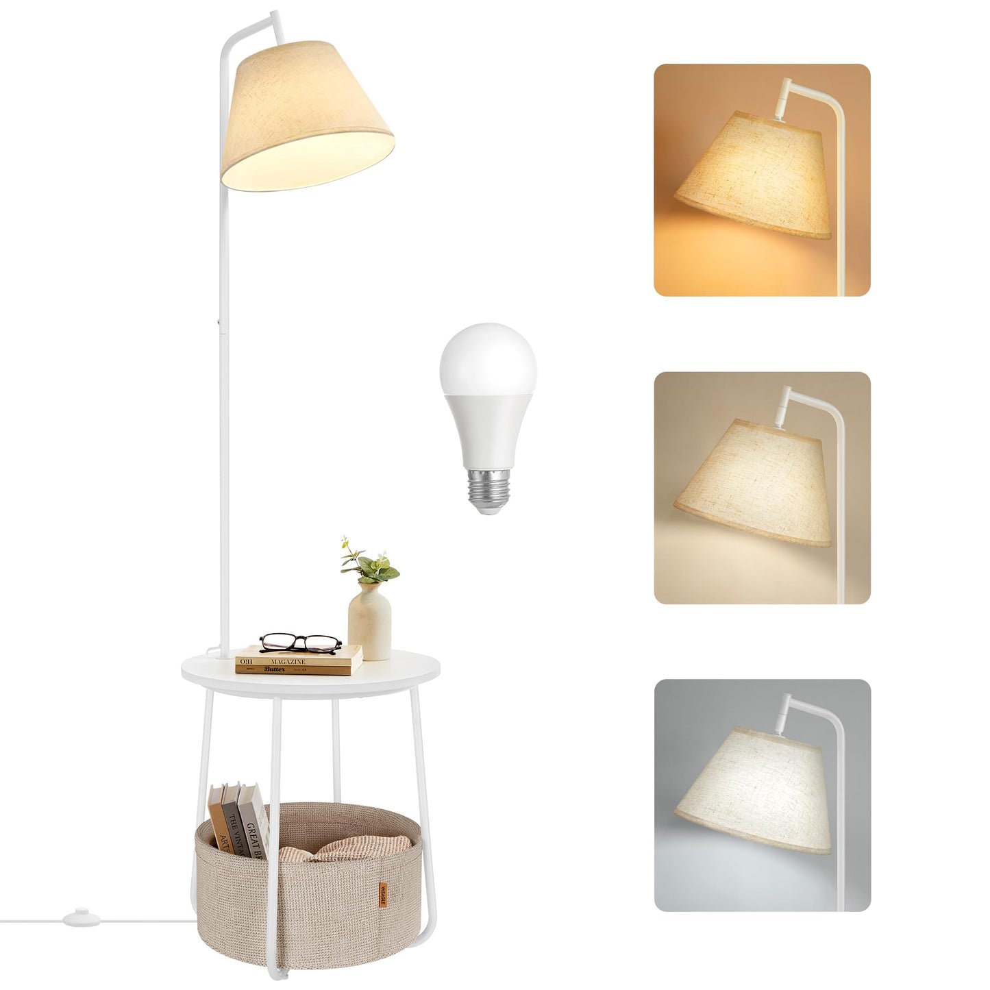 VASAGLE End Table with Lamp, 3-in-1 Floor Lamp with Table and Fabric Basket for Living Room, Tunable LED Bulb Included, Angle-Adjustable Lampshade, Matte White ULFL004WC01S