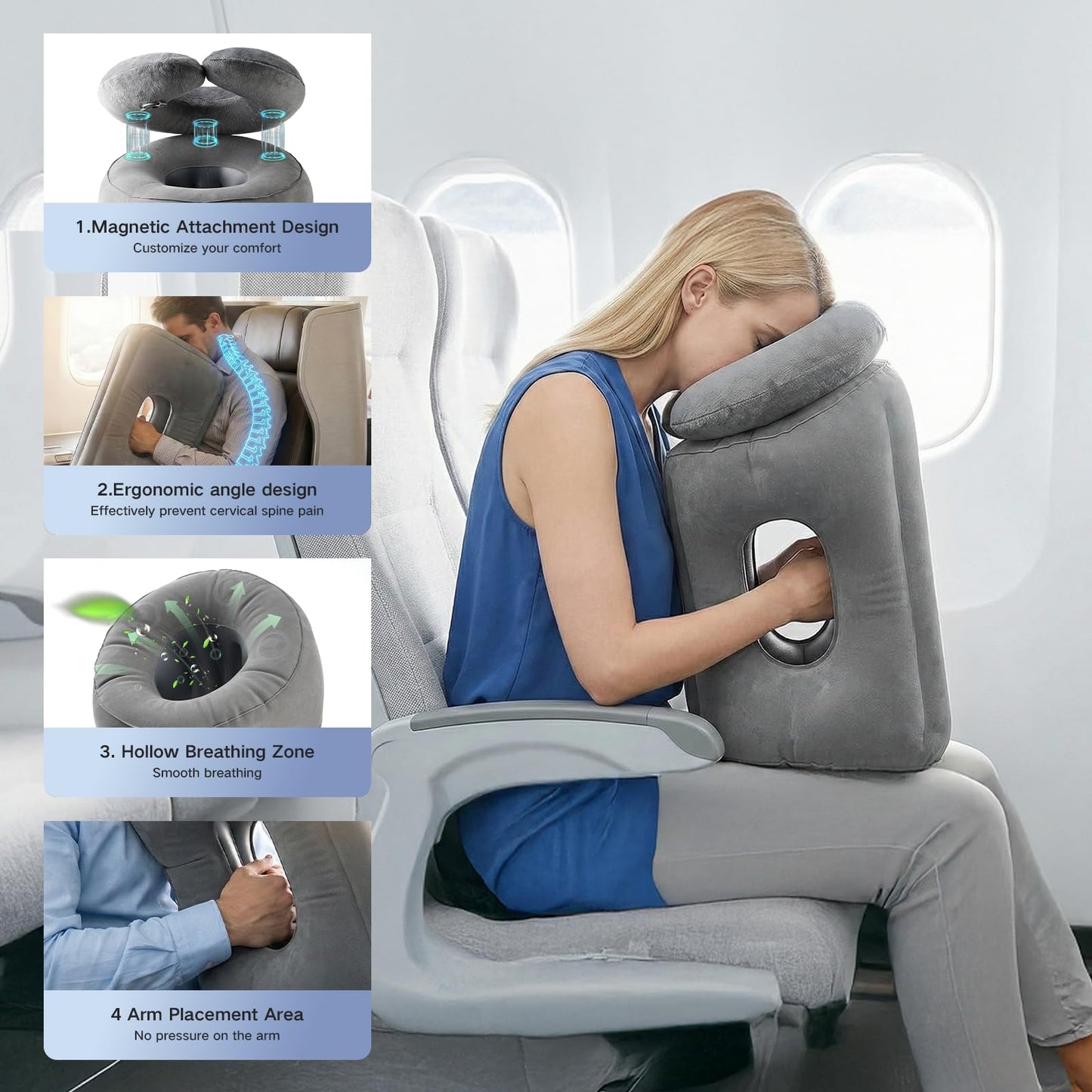 Werfeito 2-in-1 Magnetic Design Inflatable Travel Pillow, Ergonomic Neck Support Airplane Pillow for Flying, Compact Camping Pillow with Storage Bag for Home Nap & Car Travel (Grey)