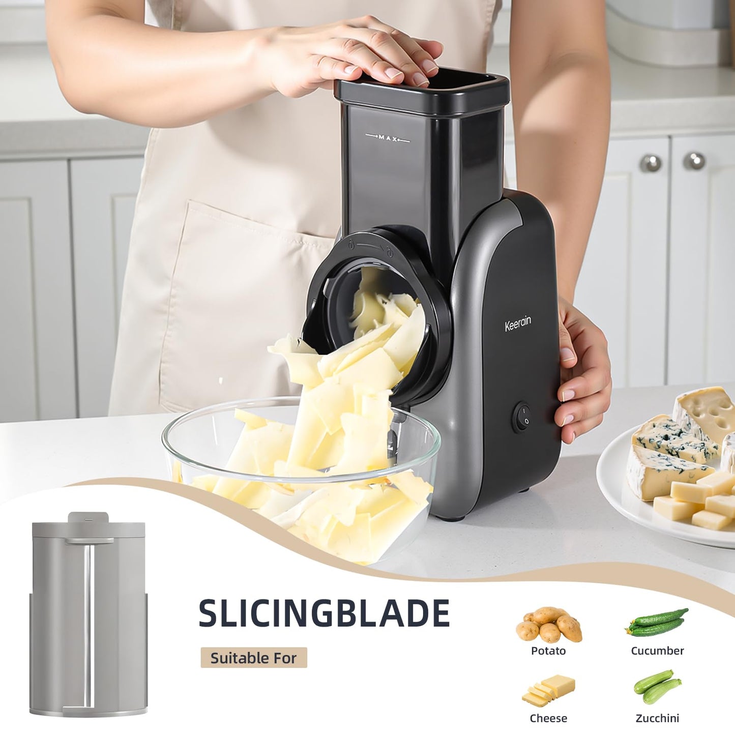 Electric Cheese Grater, Rotary Vegetable Slicer with 4 Interchangeable Drum Blades, Multifunctional Cheese Chopper Shredder for Kitchen Potato Veggie Salad Fruit etc