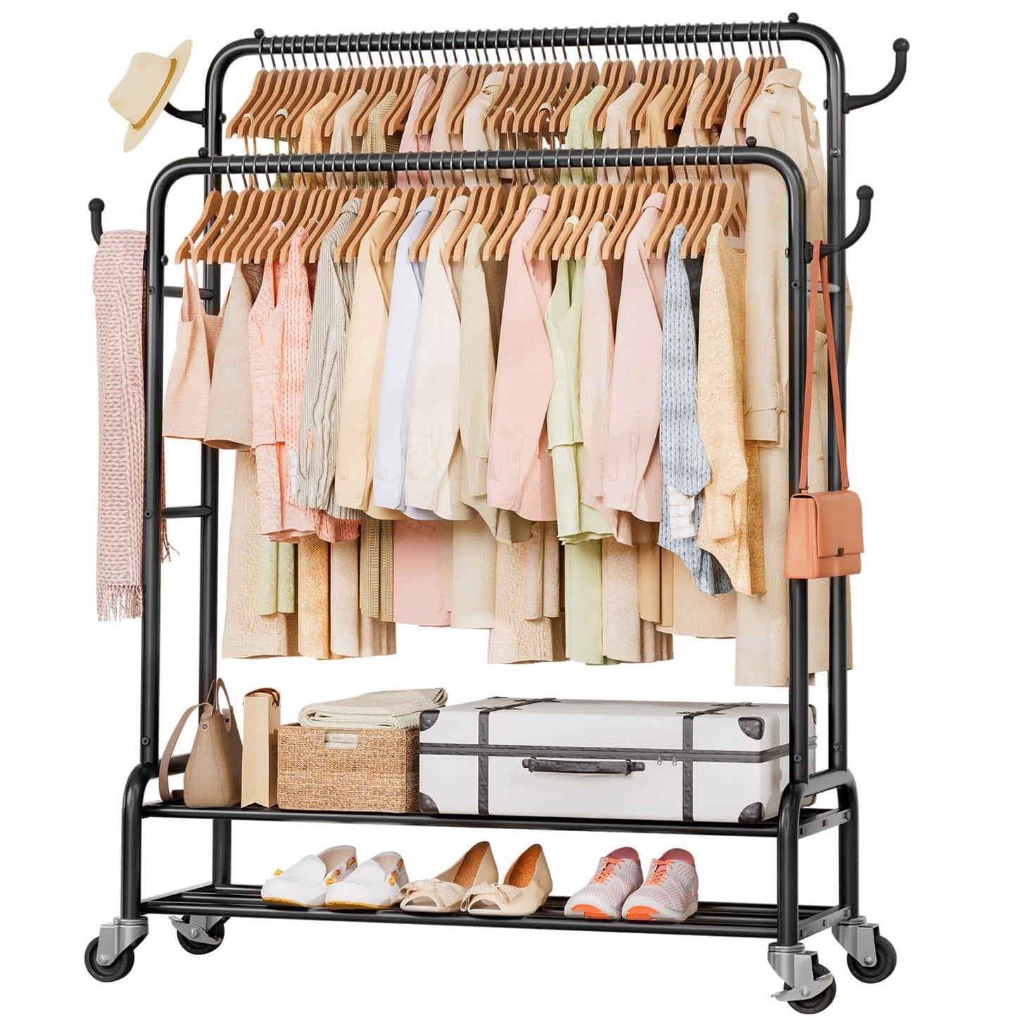 Homde Heavy Duty Clothes Rack: 265lb Rolling Double Rod Garment Hanging - Metal Coat Organizer Storage Display Shelf on Wheels for Bedroom Laundry