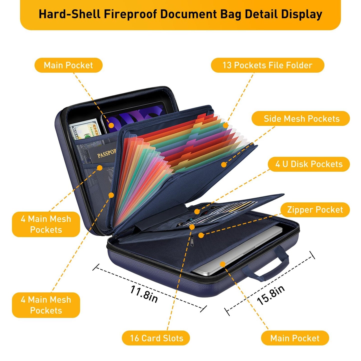Fireproof Document Organizer Bag, 5200℉ File Organizer Safe Box, Hard Shell Document Bag with 13 Pocket Accordion File Folder (5200℉-Blue)
